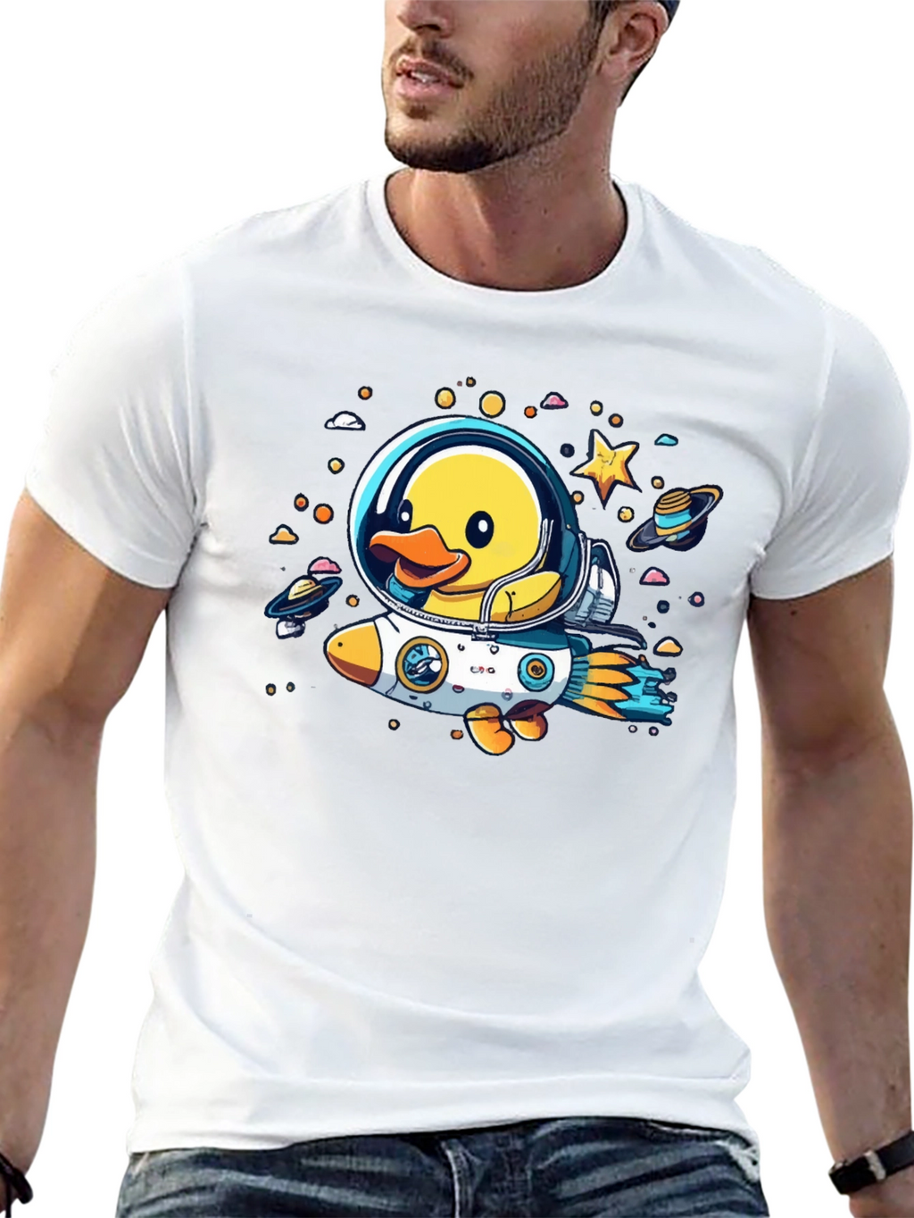 Duck in Space T-Shirt: Cartoon Astronaut Rocket Tee