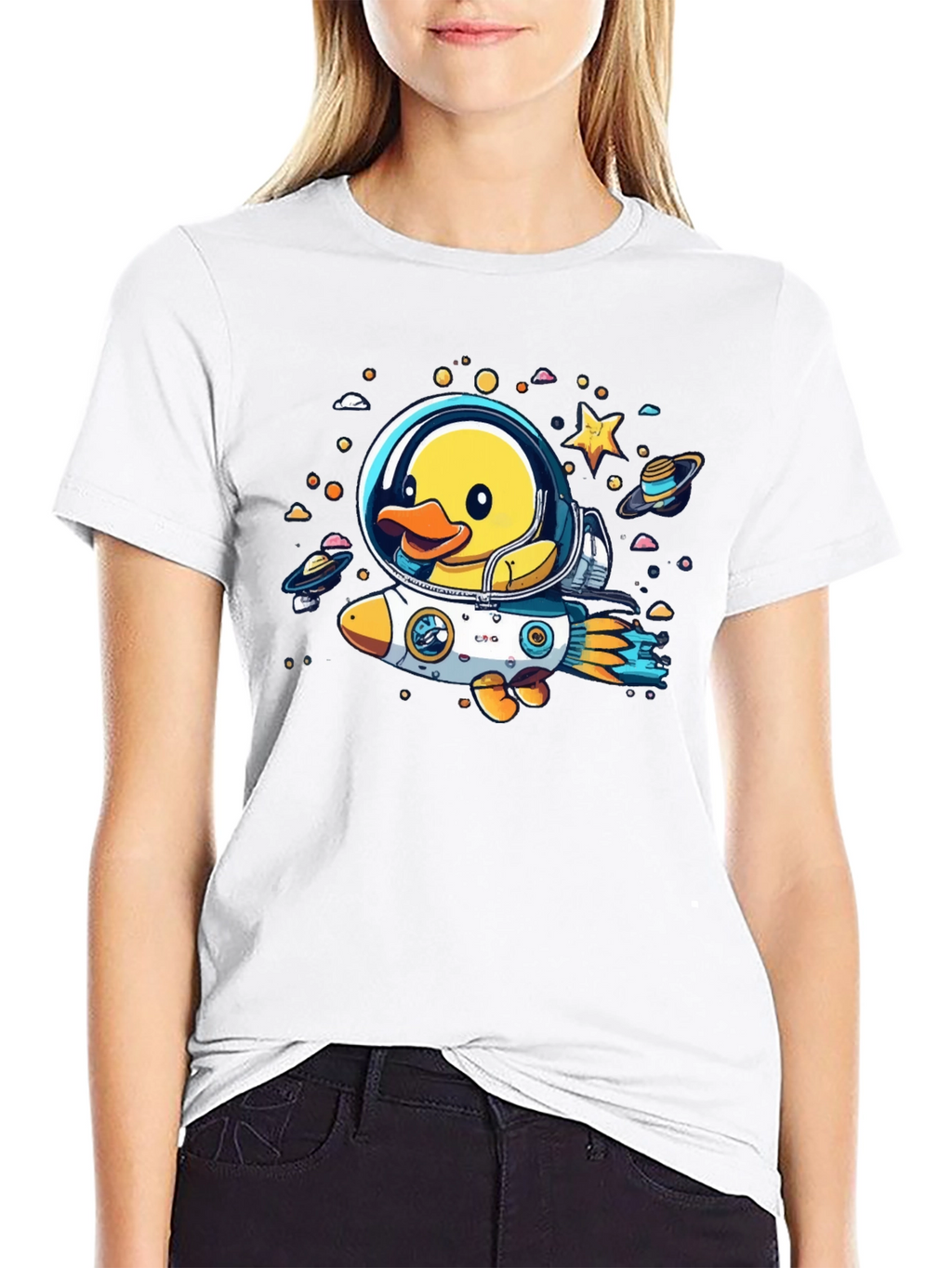 Duck in Space T-Shirt: Cartoon Astronaut Rocket Tee