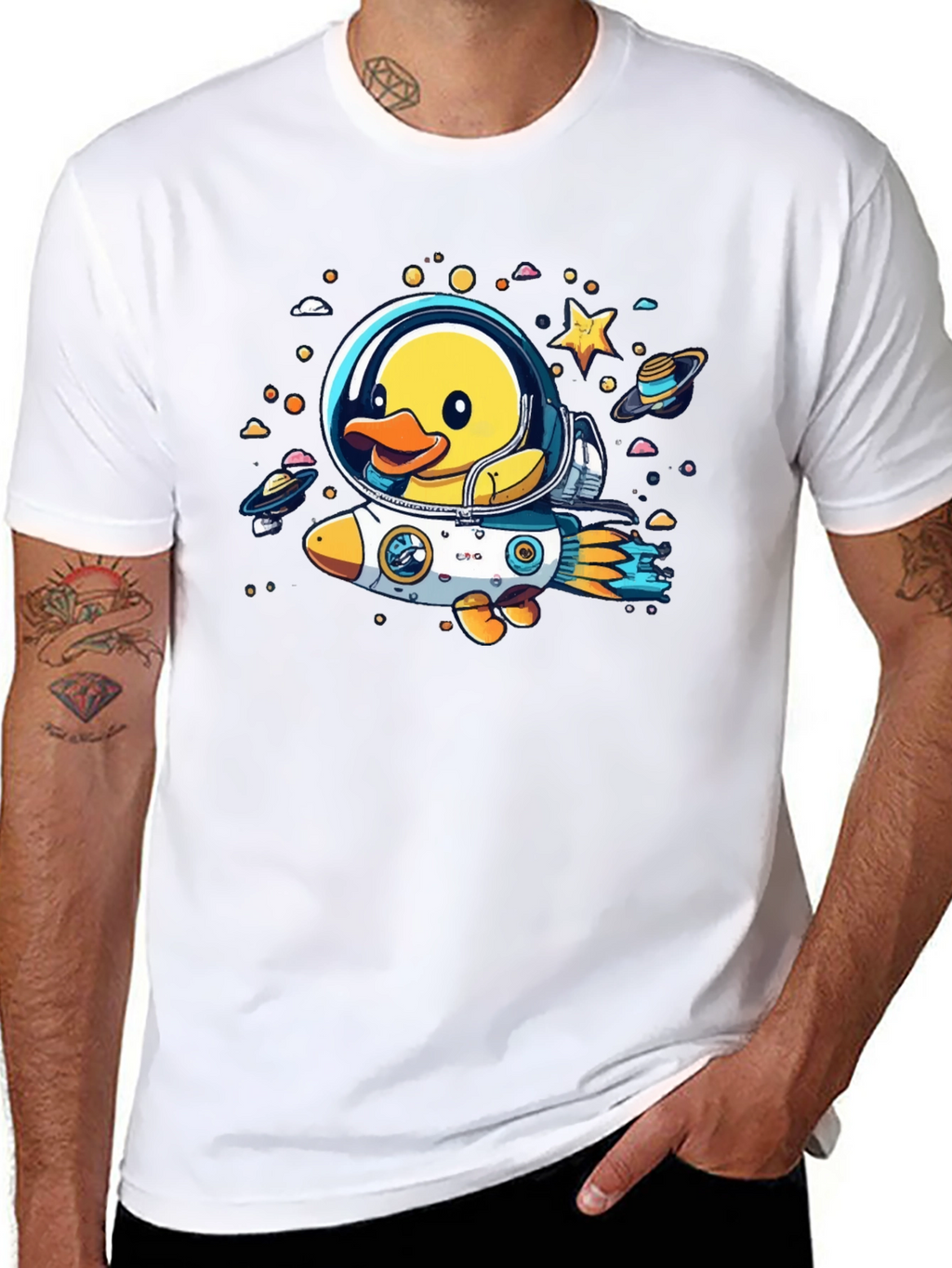 Duck in Space T-Shirt: Cartoon Astronaut Rocket Tee