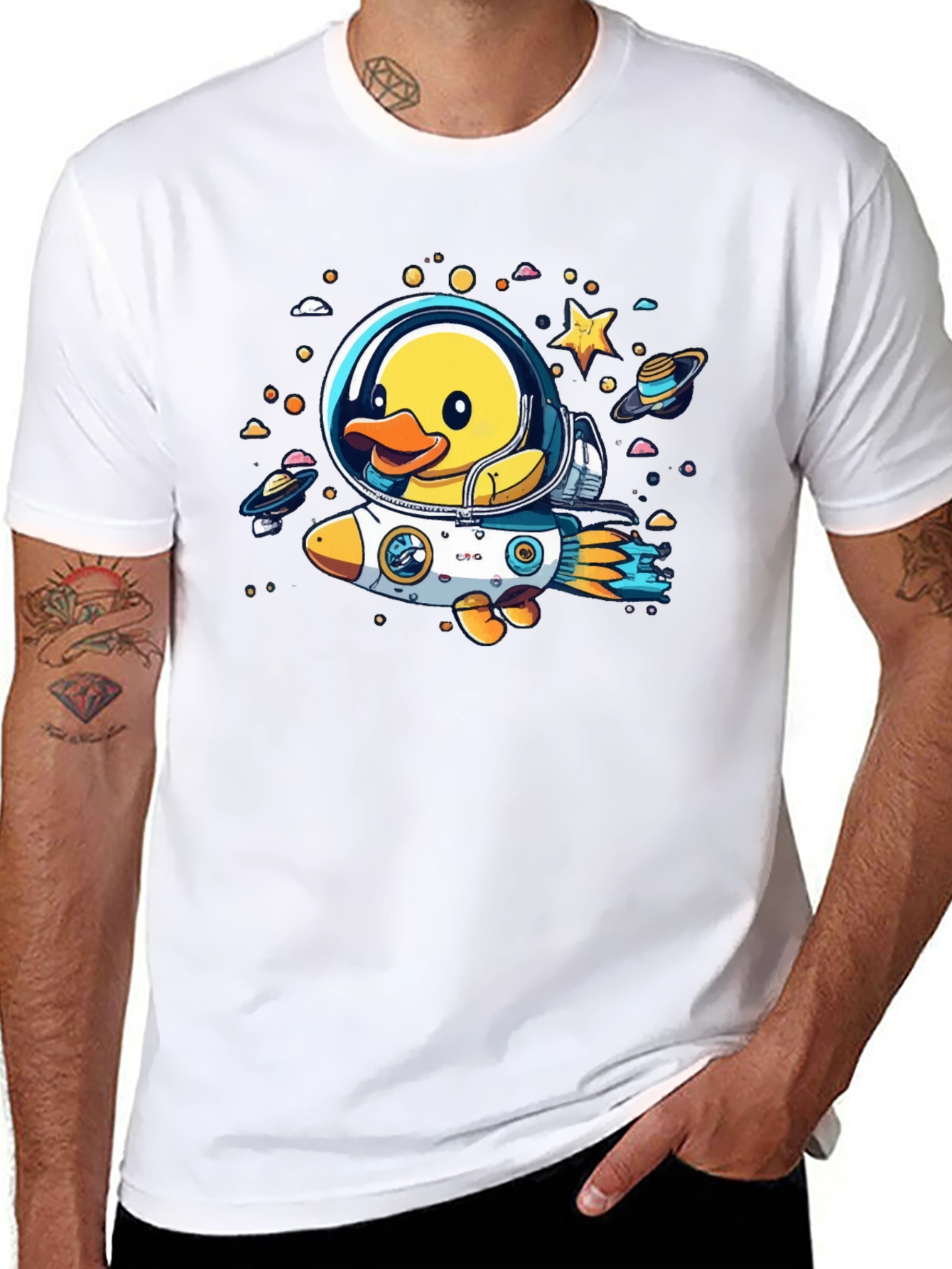 Duck in Space T-Shirt: Cartoon Astronaut Rocket Tee