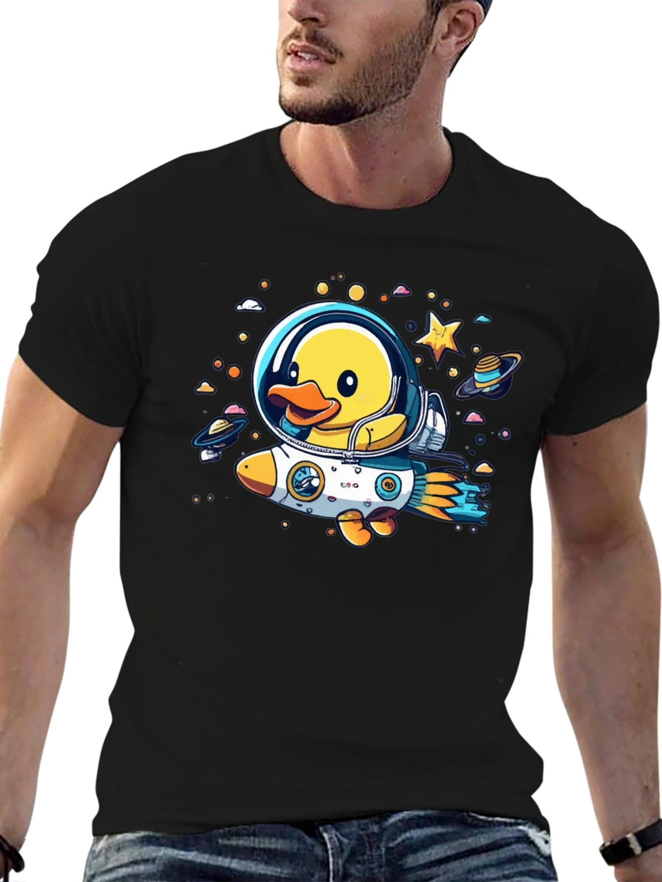 Duck in Space T-Shirt: Cartoon Astronaut Rocket Tee