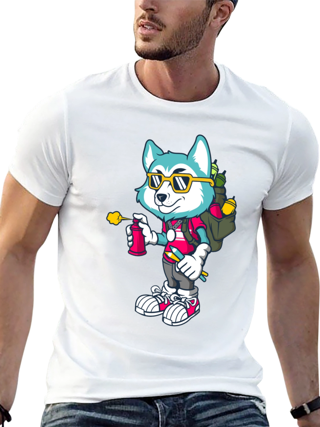 Cartoon Husky Graffiti Artist Graphic Tee