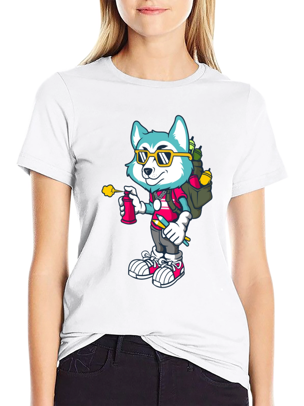Cartoon Husky Graffiti Artist Graphic Tee