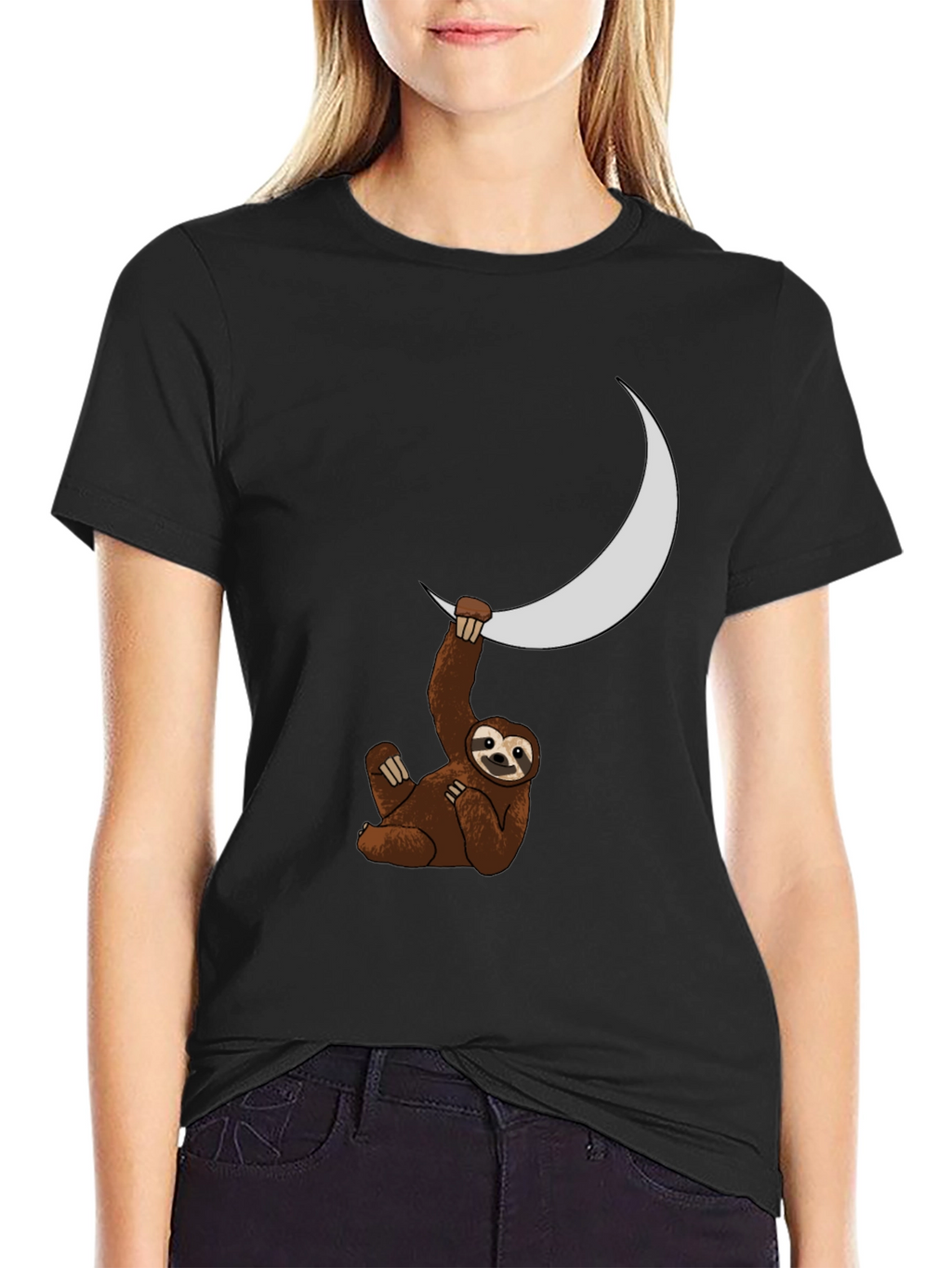 Sloth Moon Graphic Tee - Black Casual T-Shirt