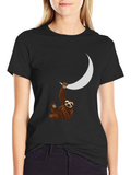 Sloth Moon Graphic Tee - Black Casual T-Shirt