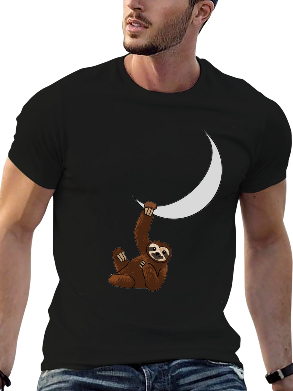 Sloth Moon Graphic Tee - Black Casual T-Shirt