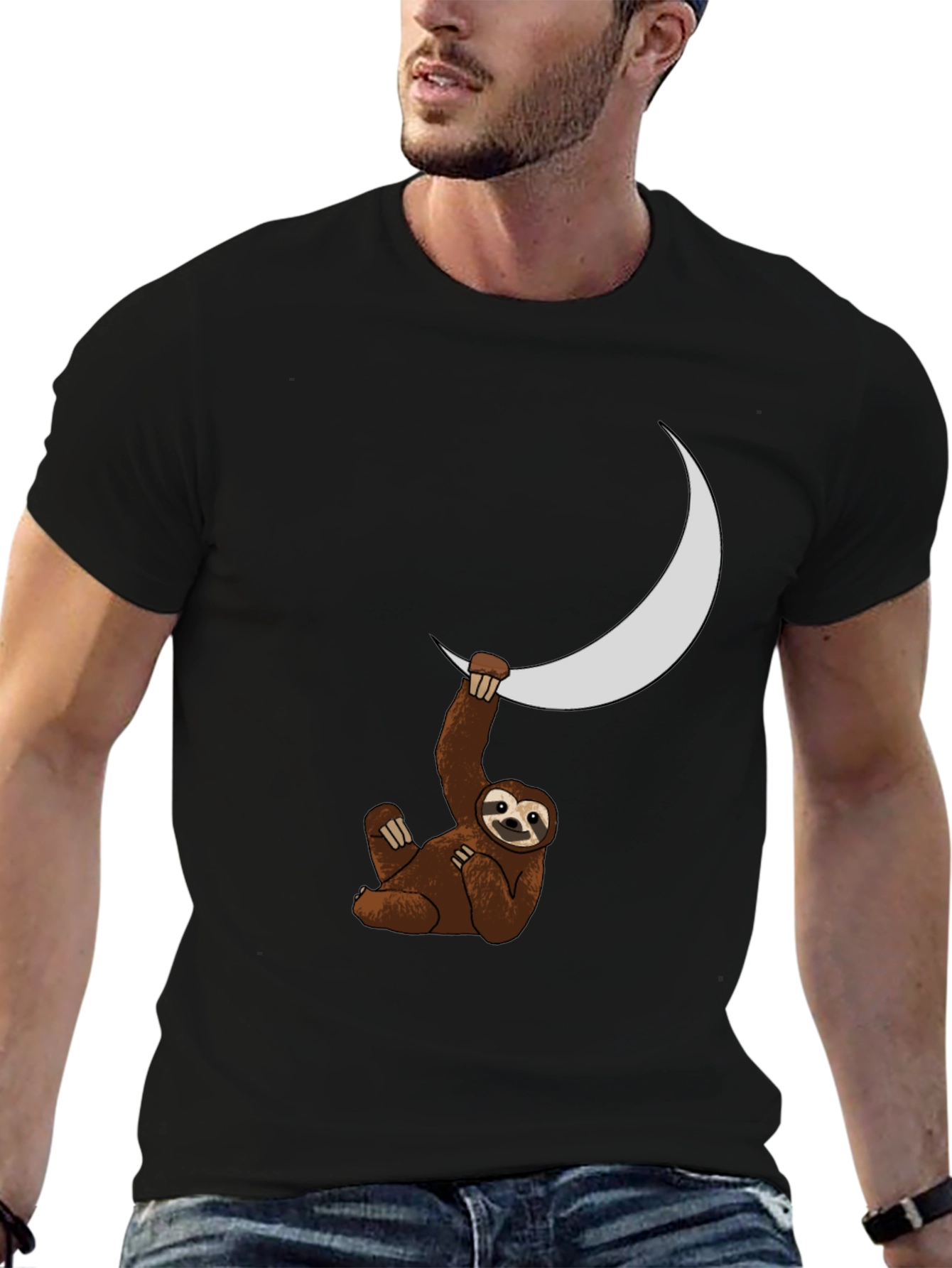 Sloth Moon Graphic Tee - Black Casual T-Shirt