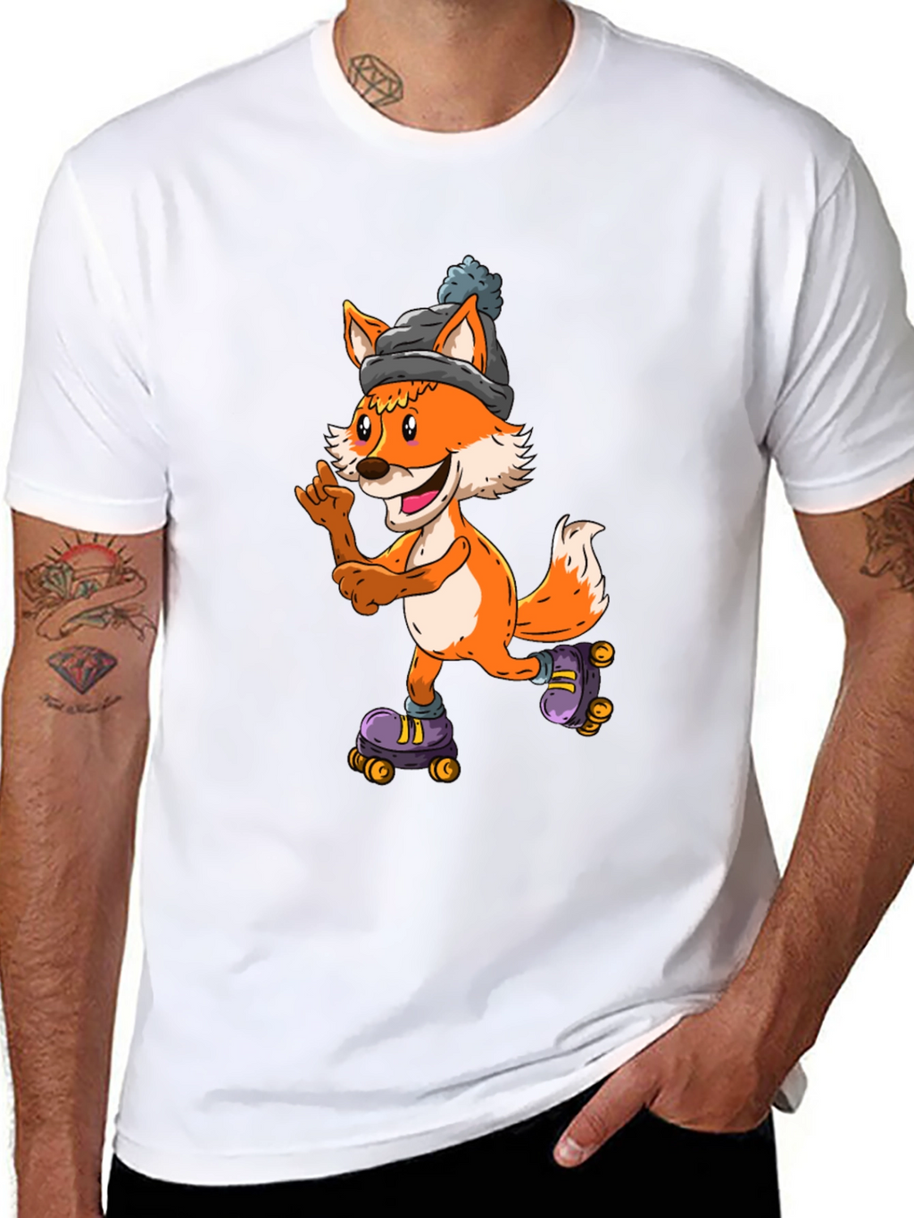 Cool Fox Roller Skating Black T-Shirt