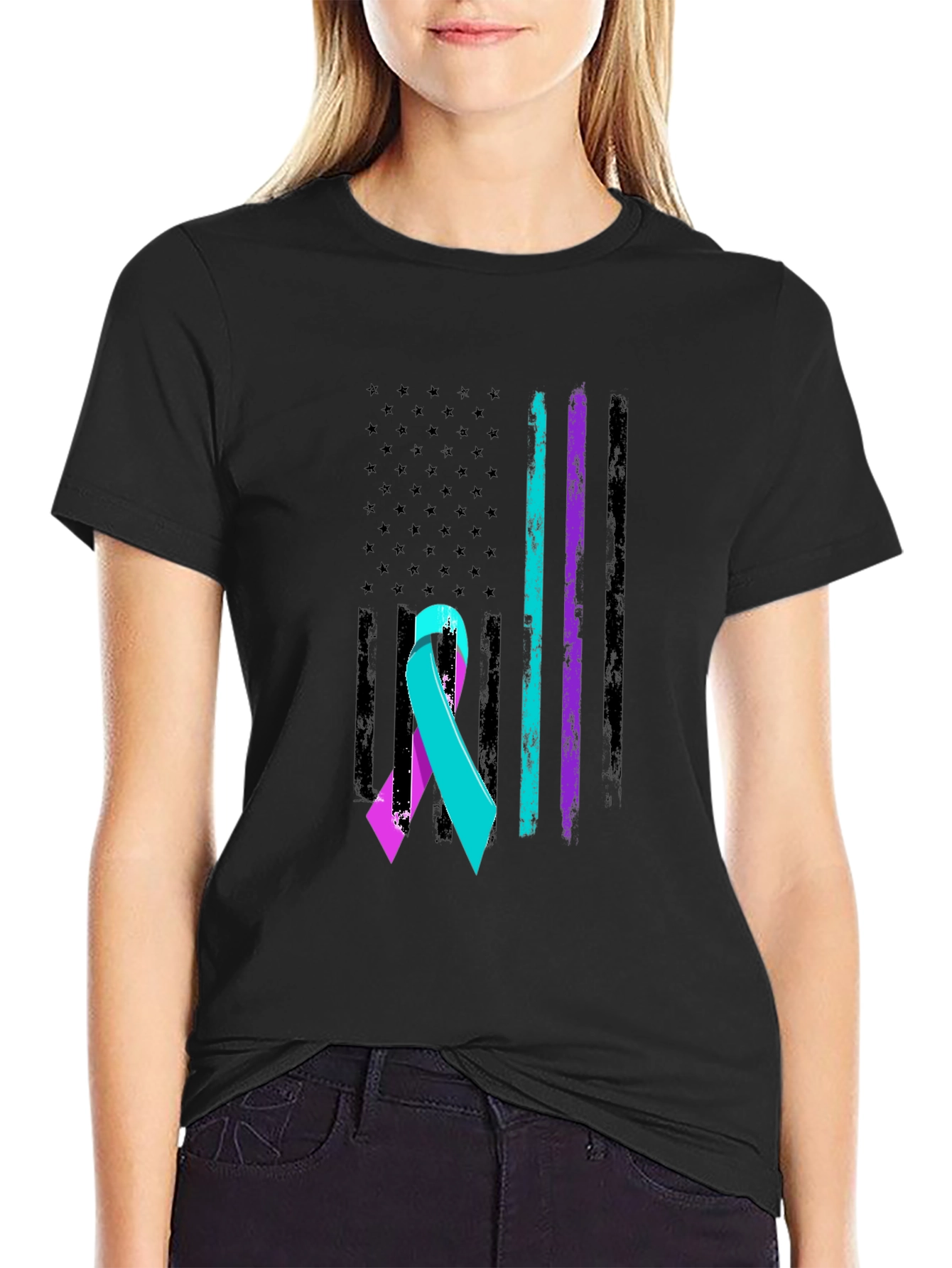 Suicide Awareness Ribbon USA Flag T-Shirt