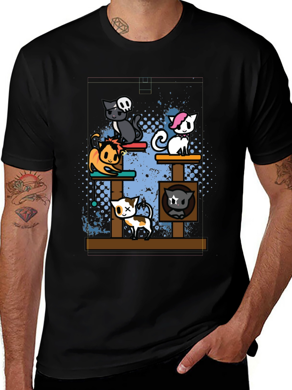 Cartoon Cats Black T-Shirt