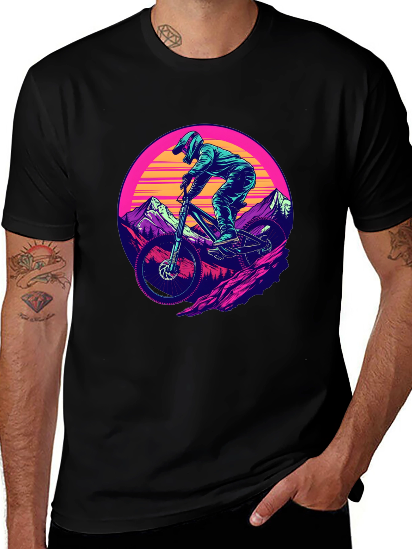 Mountain Biker T-Shirt - Retro Sunset Design