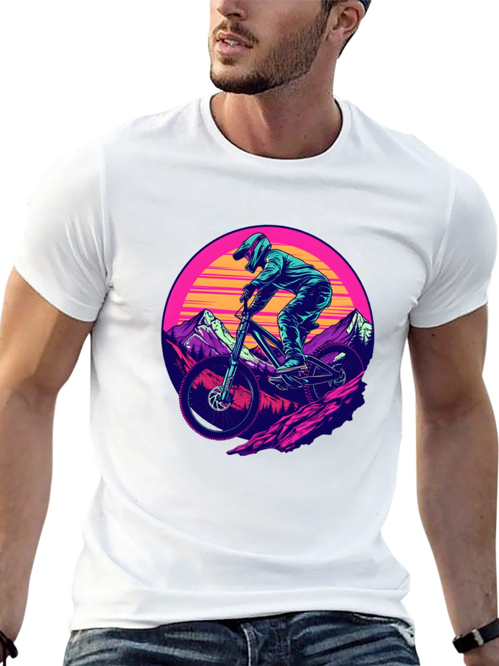 Mountain Biker T-Shirt - Retro Sunset Design