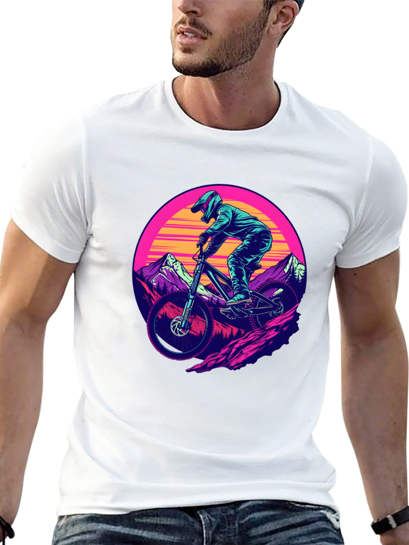 Mountain Biker T-Shirt - Retro Sunset Design