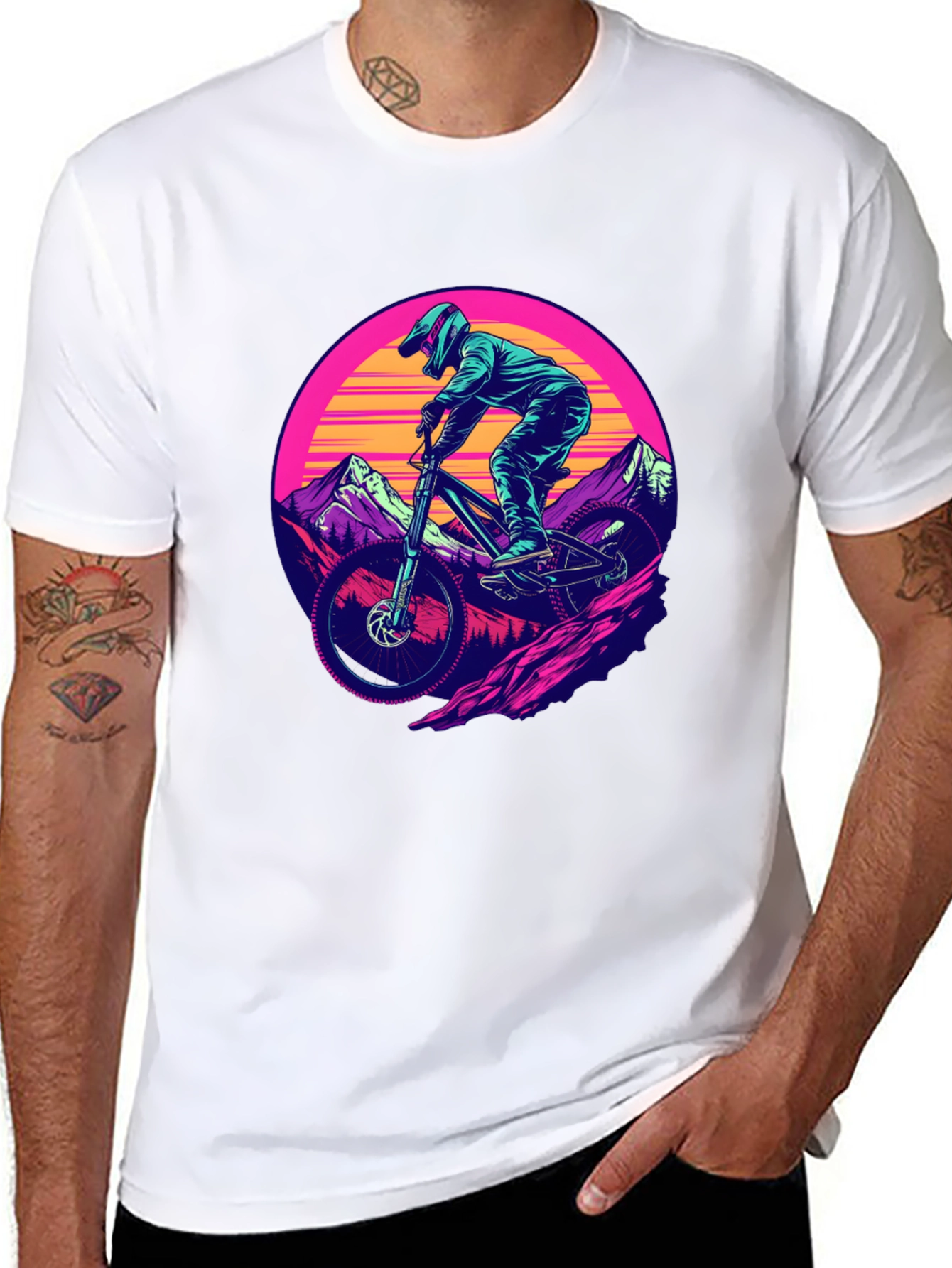 Mountain Biker T-Shirt - Retro Sunset Design