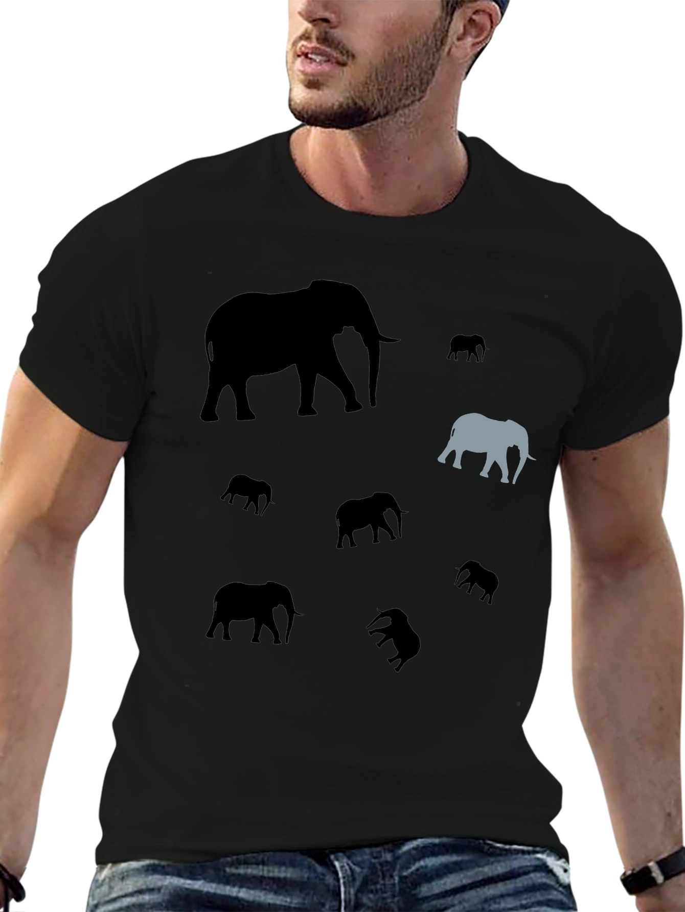 Elephant Pattern Black T-Shirt - Unique Design