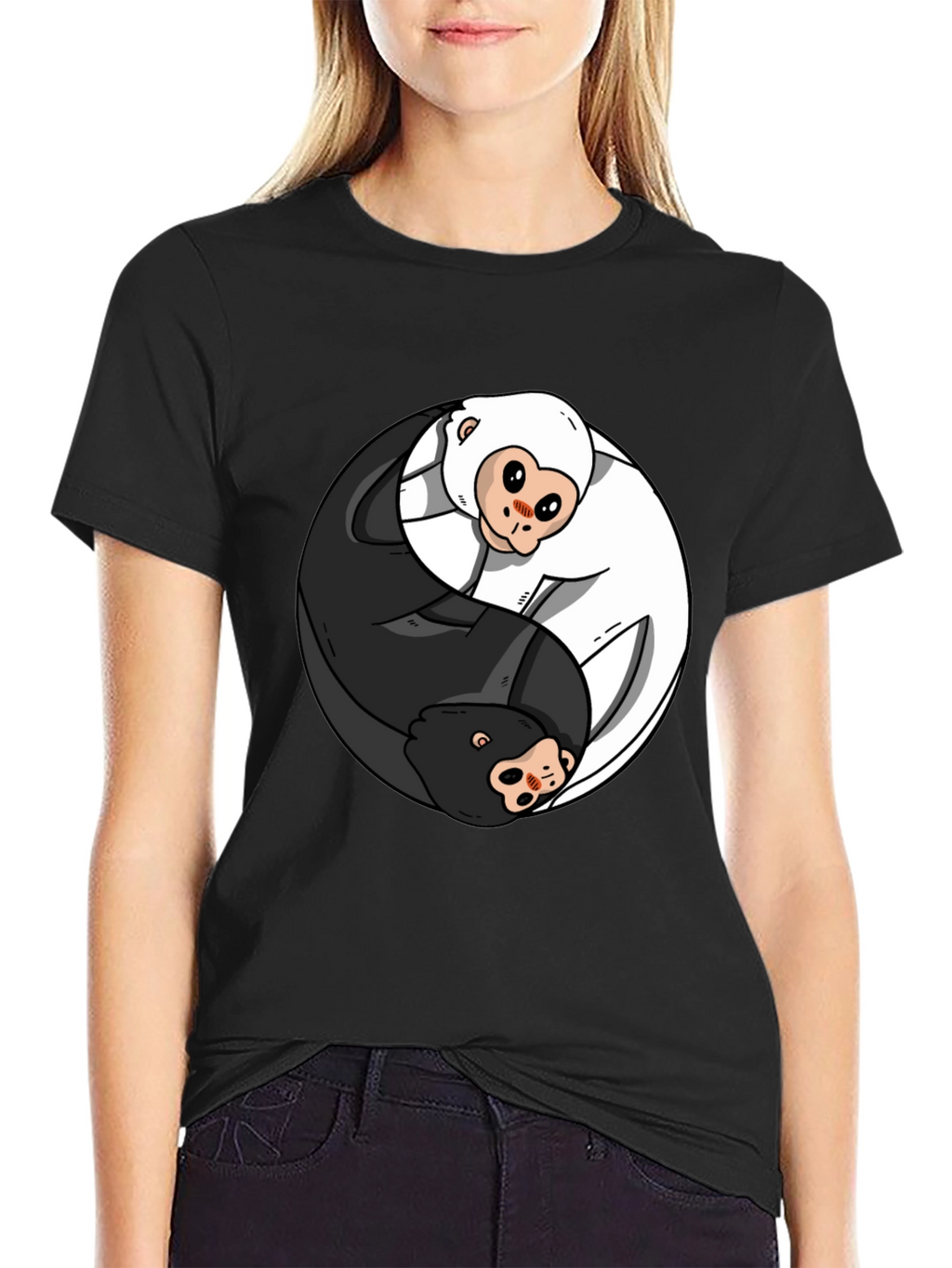 Yin Yang Monkey Graphic T-Shirt - Black