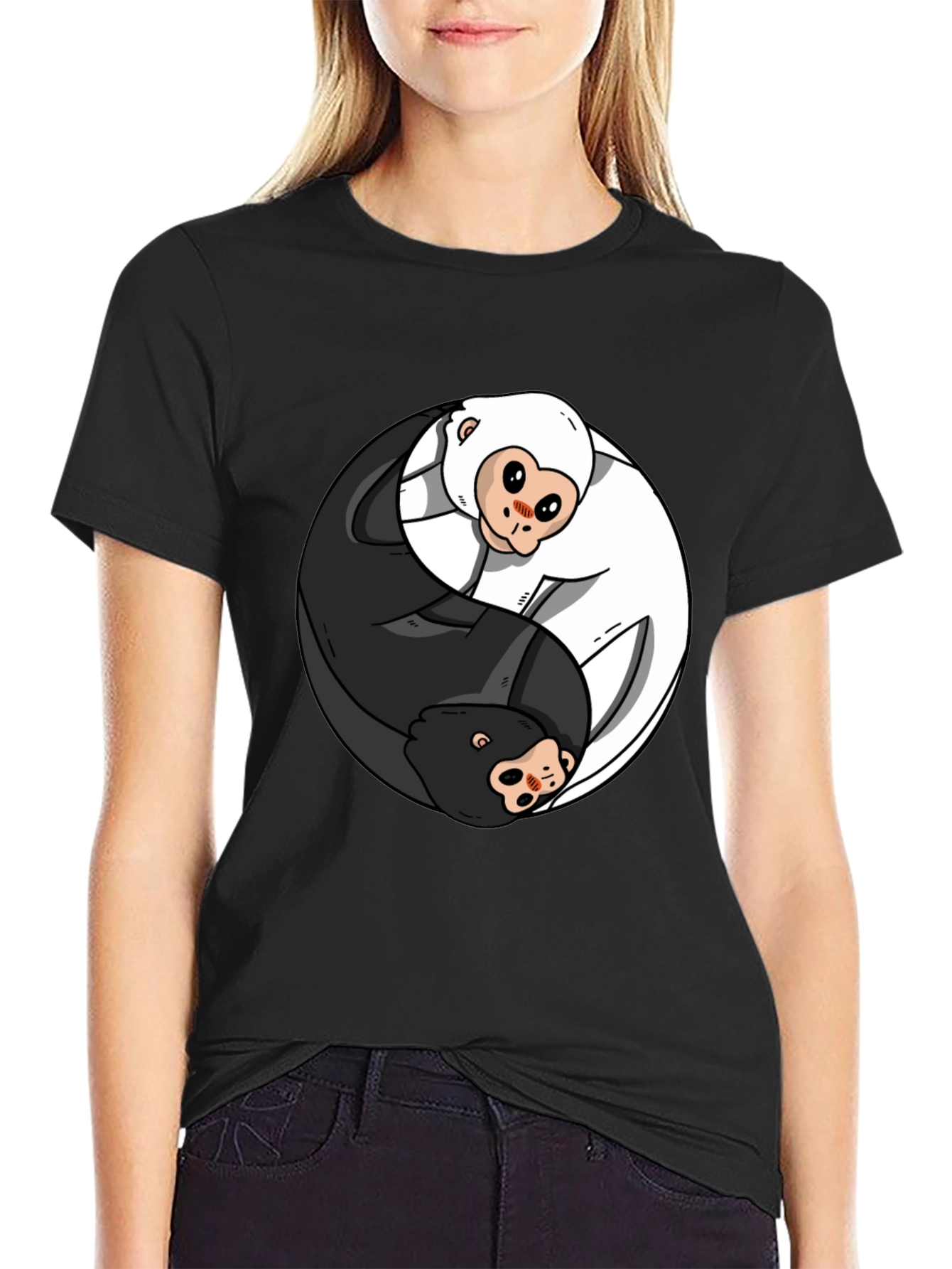Yin Yang Monkey Graphic T-Shirt - Black