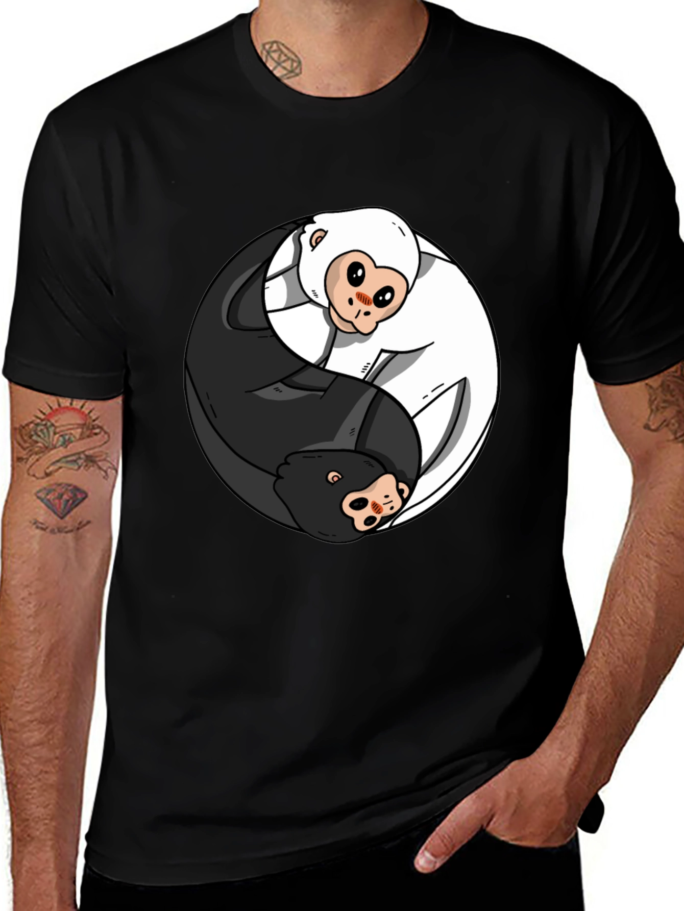 Yin Yang Monkey Graphic T-Shirt - Black