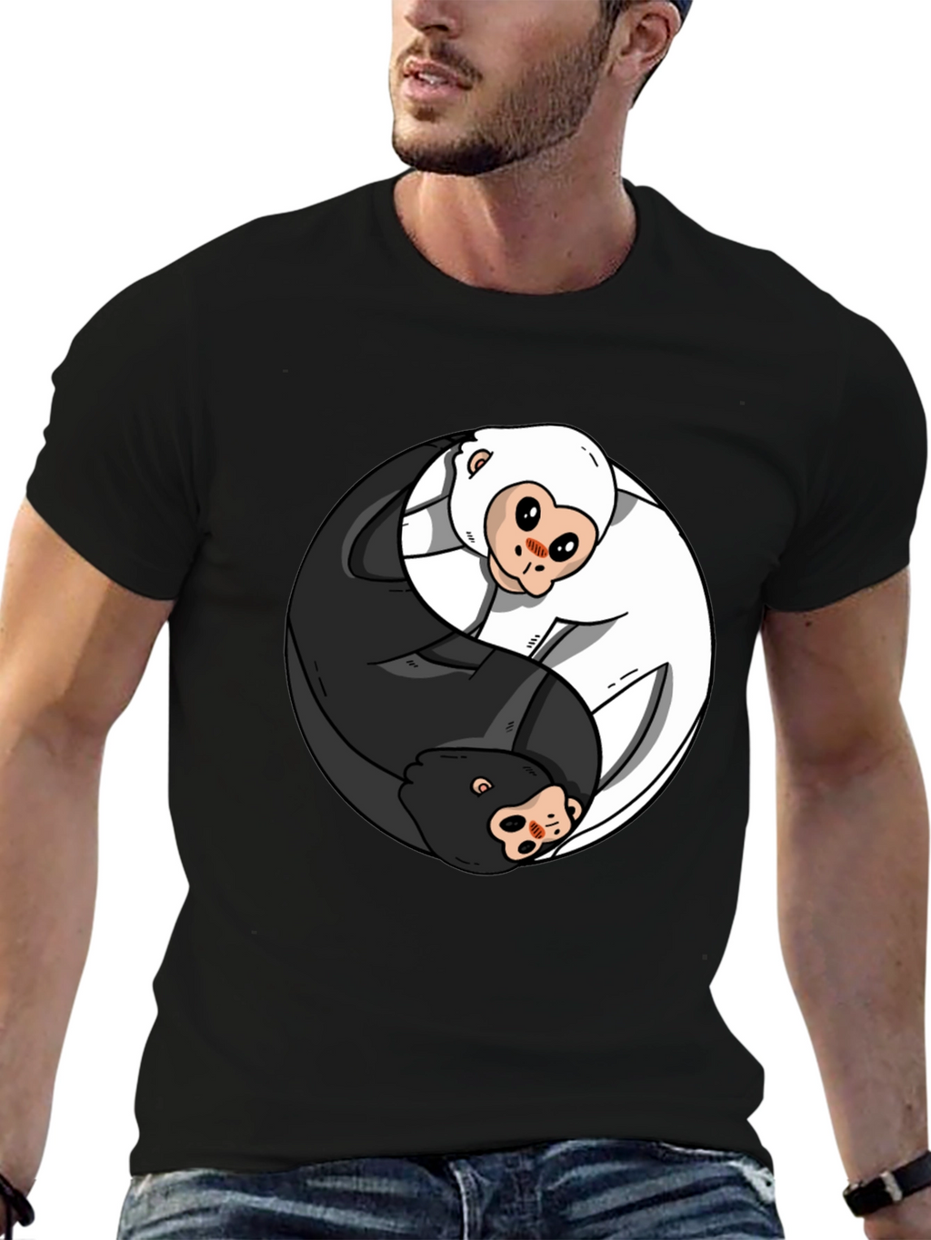 Yin Yang Monkey Graphic T-Shirt - Black