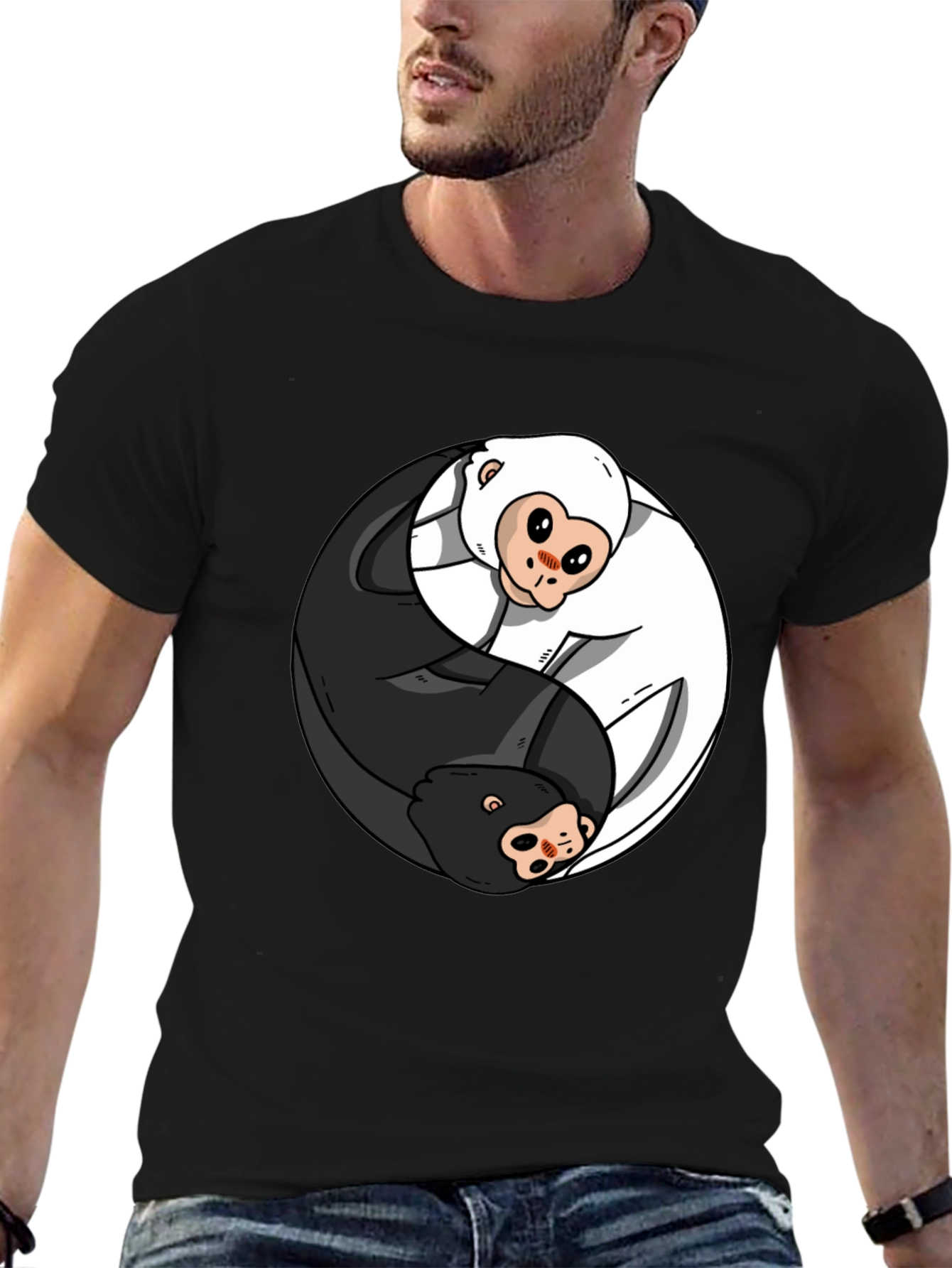 Yin Yang Monkey Graphic T-Shirt - Black