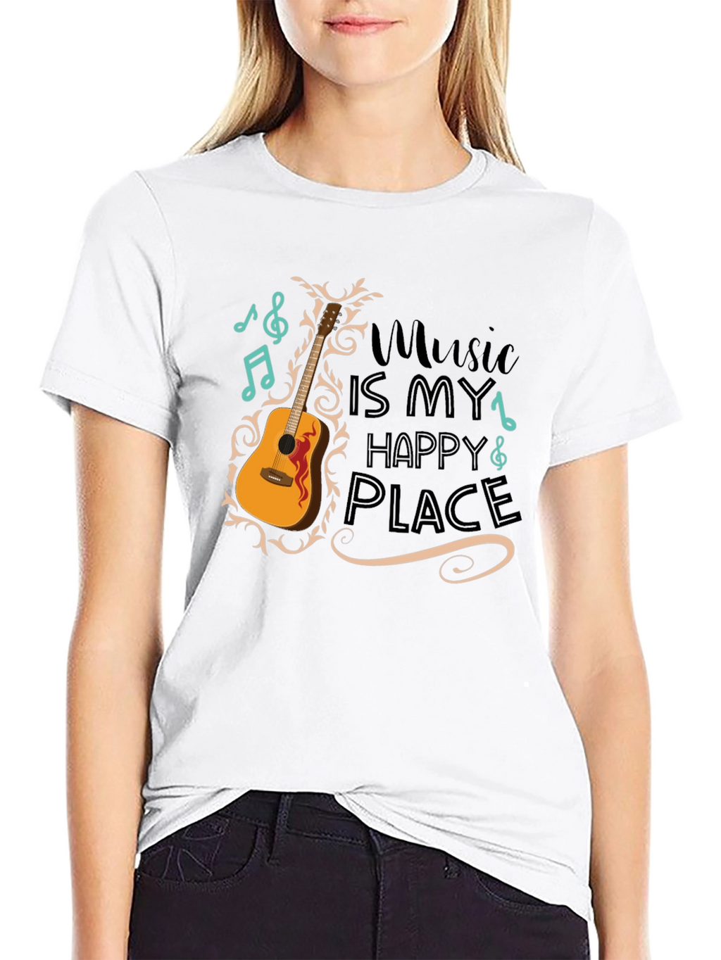 Music Is My Happy Place Guitar Graphic T-Shirt