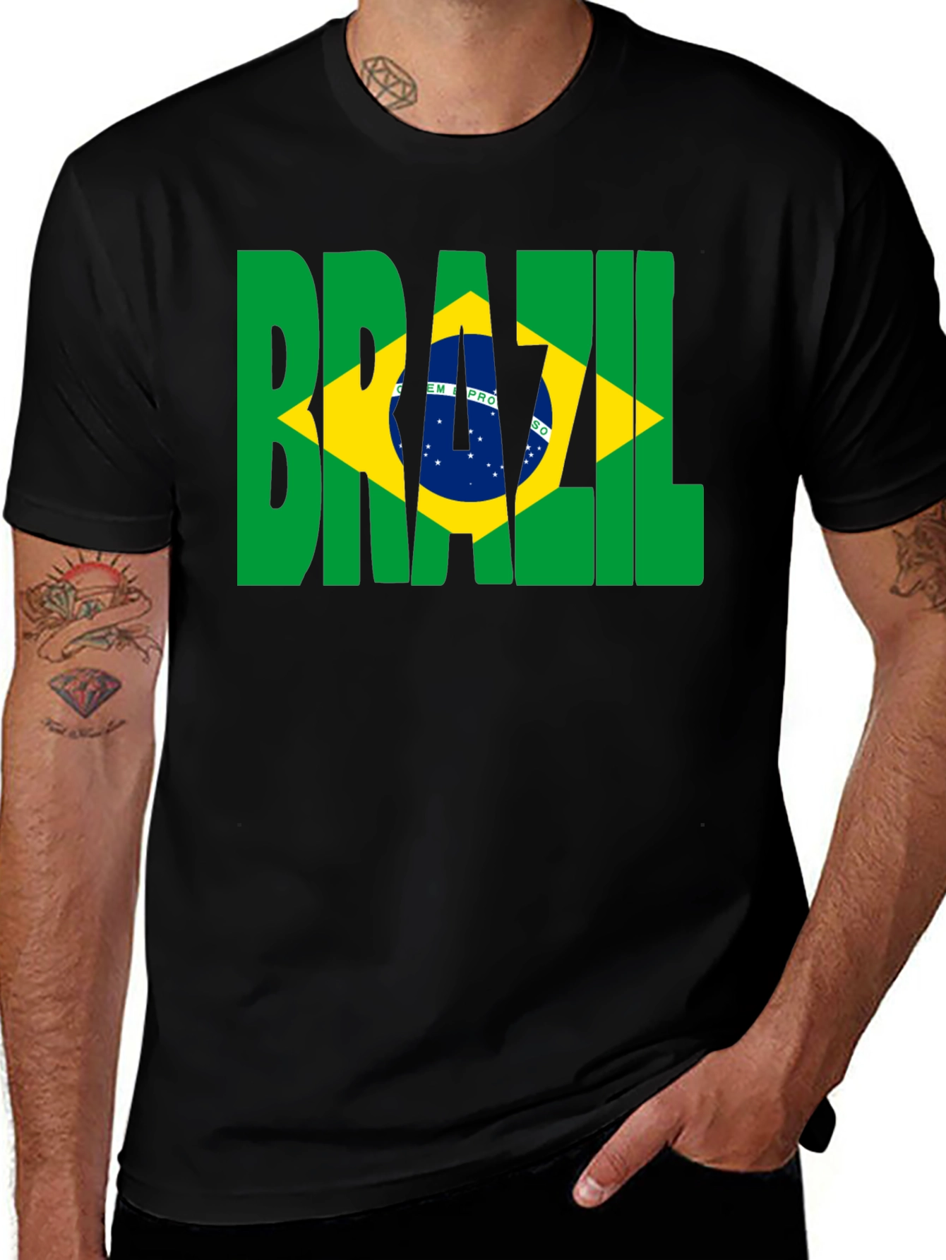 Brazil Flag Graphic Print Black T-Shirt