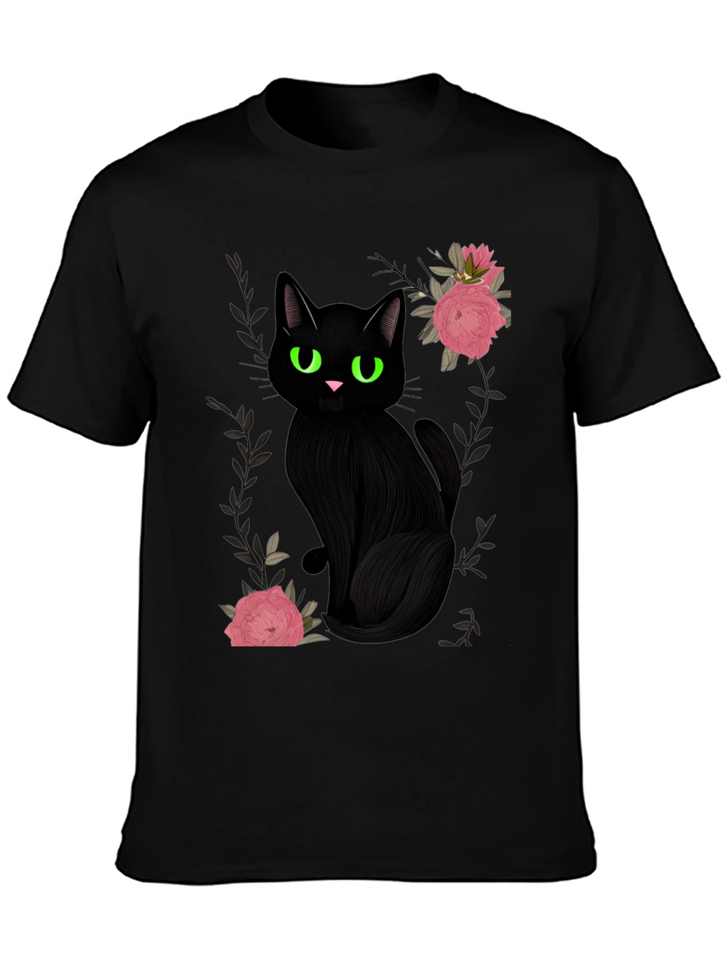 Black Cat & Roses Graphic T-Shirt