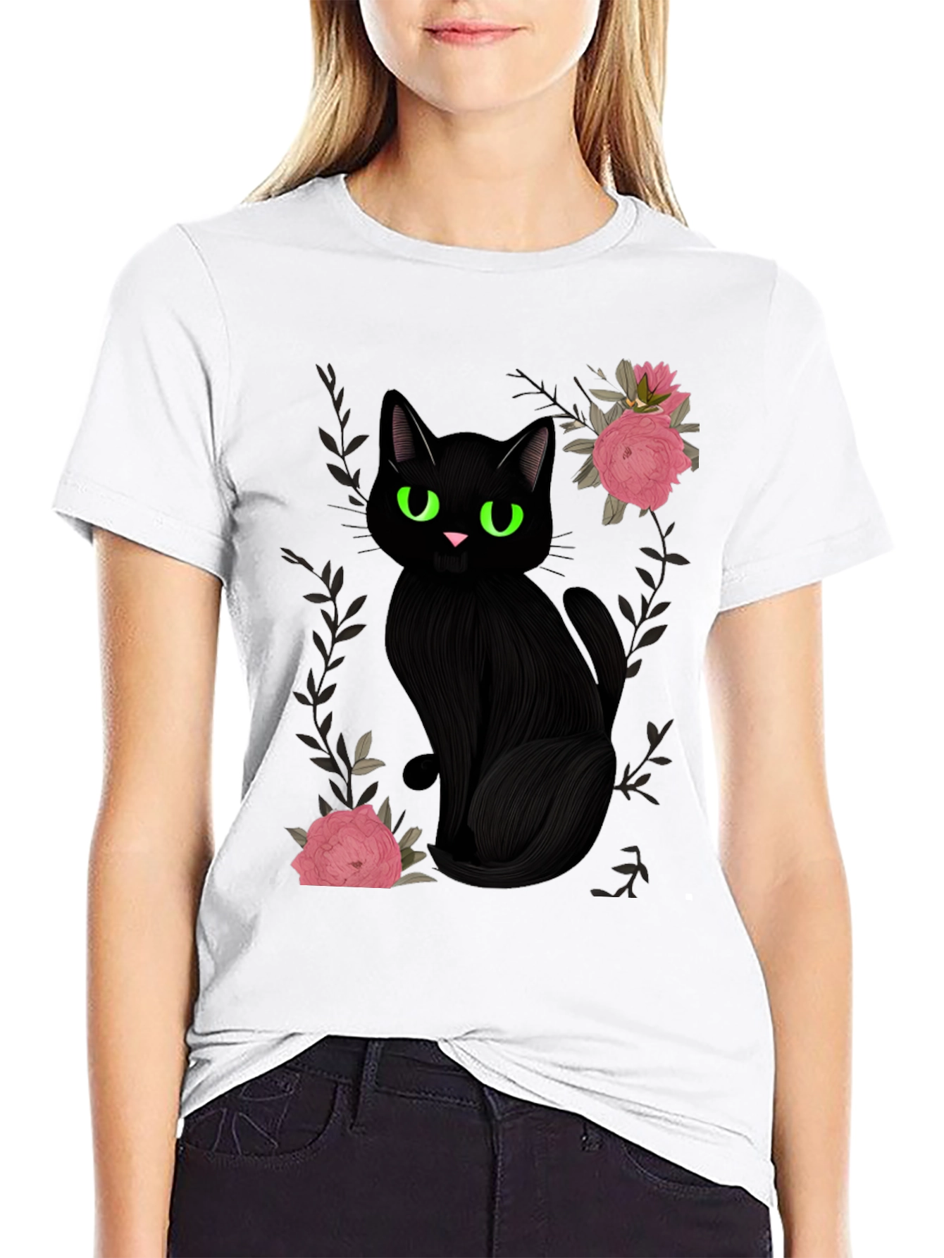 Black Cat & Roses Graphic T-Shirt