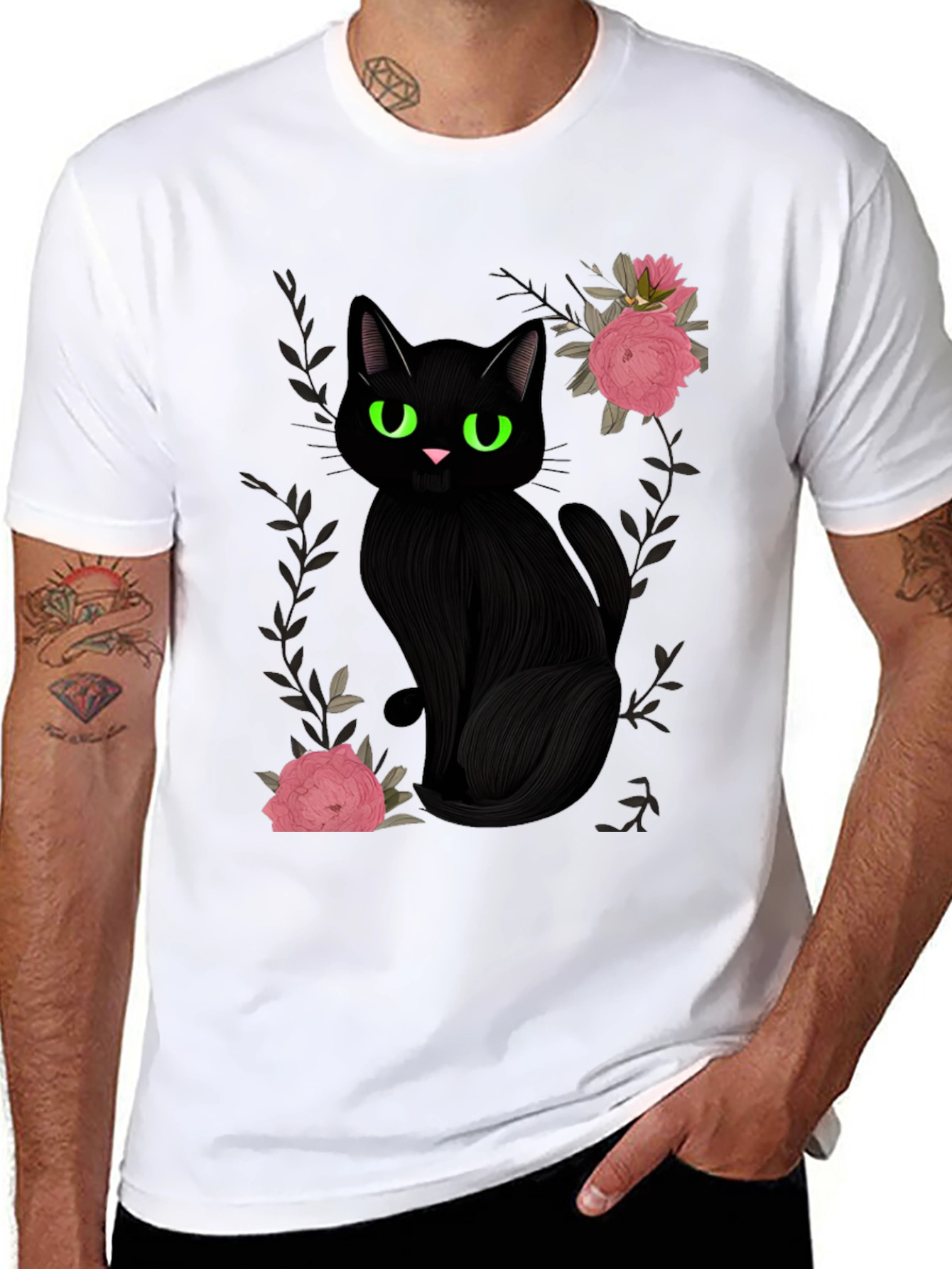 Black Cat & Roses Graphic T-Shirt