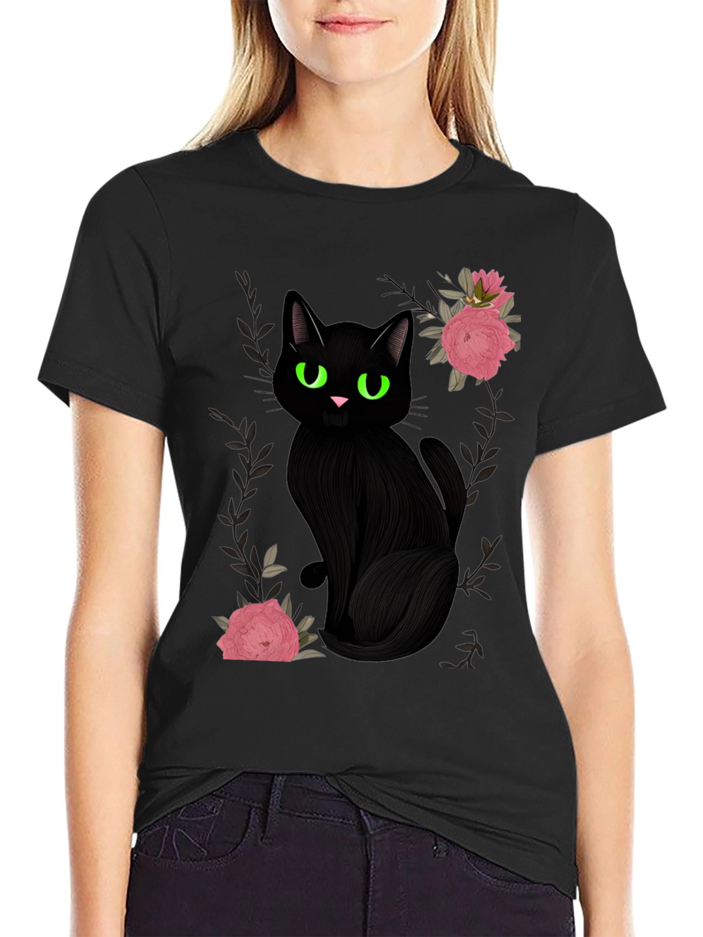Black Cat & Roses Graphic T-Shirt
