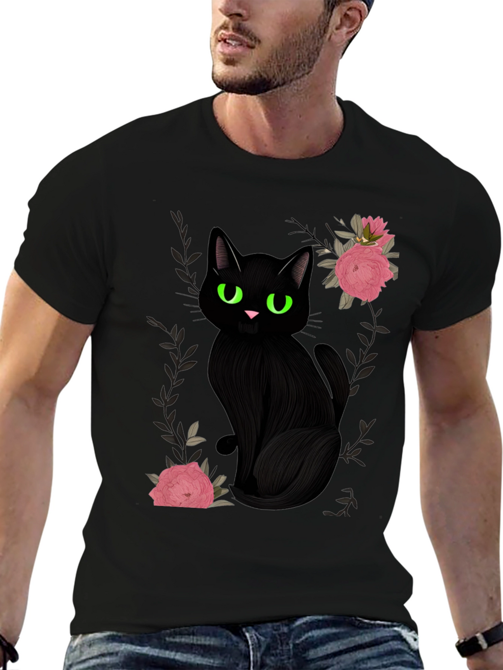 Black Cat & Roses Graphic T-Shirt