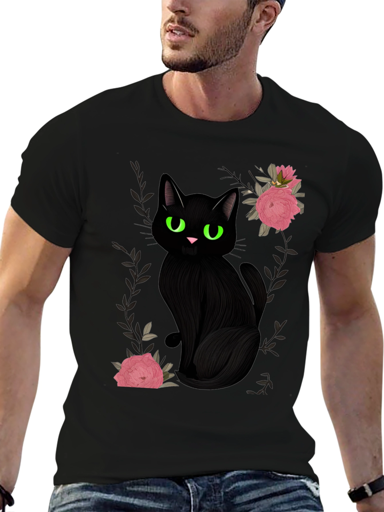 Black Cat & Roses Graphic T-Shirt