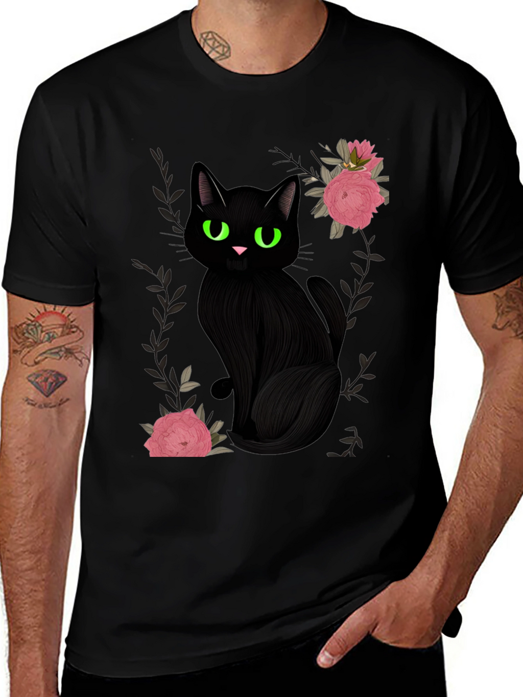 Black Cat & Roses Graphic T-Shirt