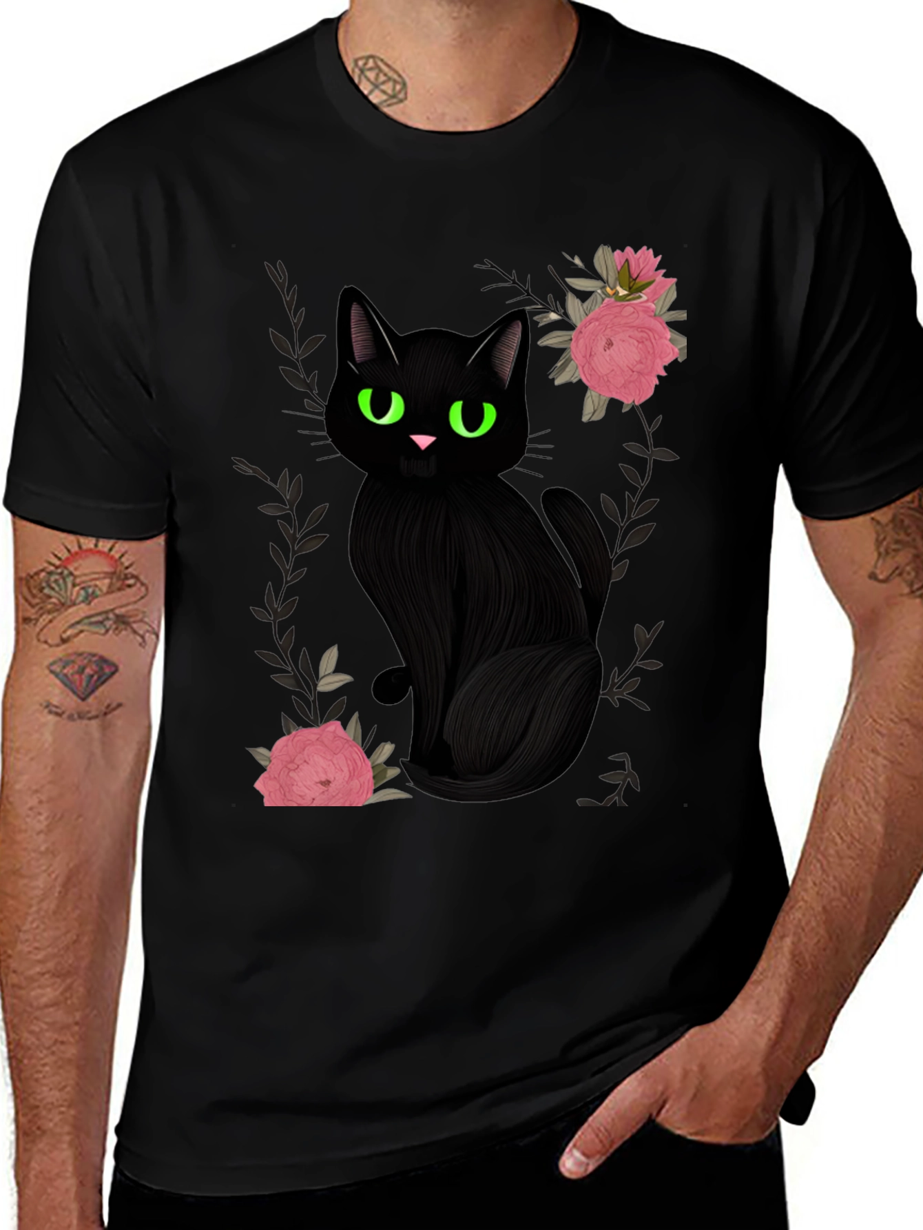 Black Cat & Roses Graphic T-Shirt