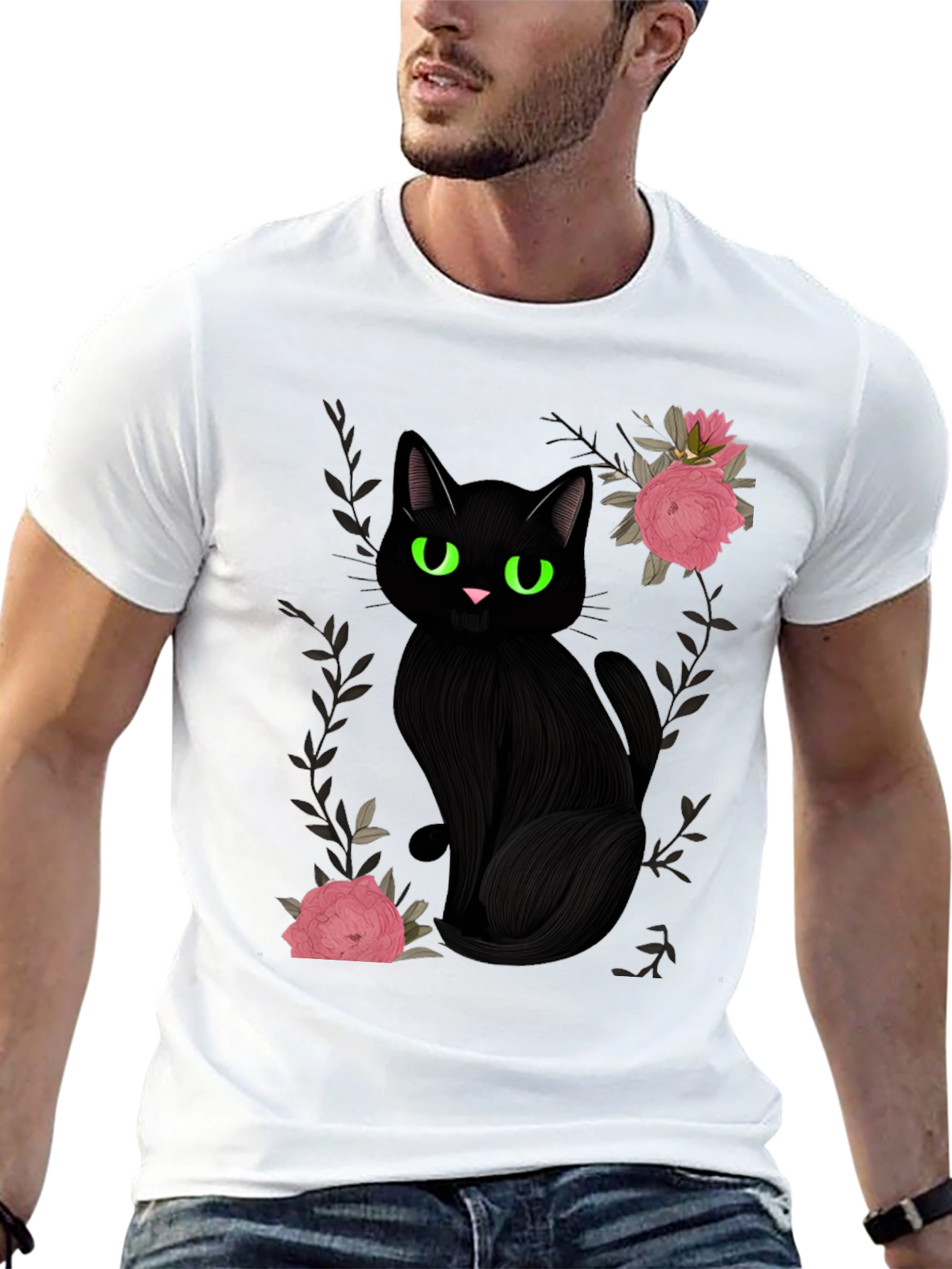 Black Cat & Roses Graphic T-Shirt