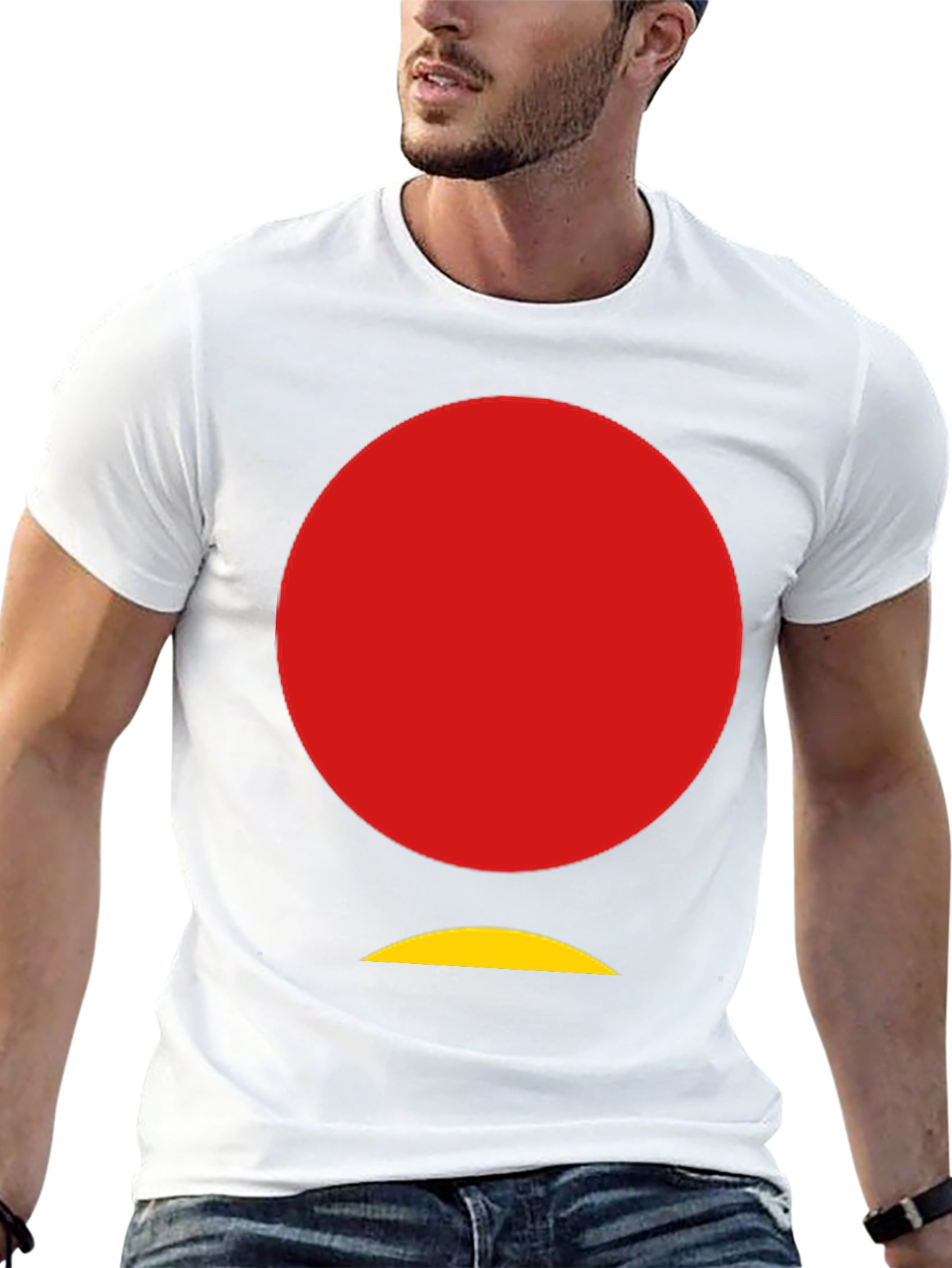 Abstract Graphic Tee - Red Circle Yellow Arc - Black Cotton Shirt