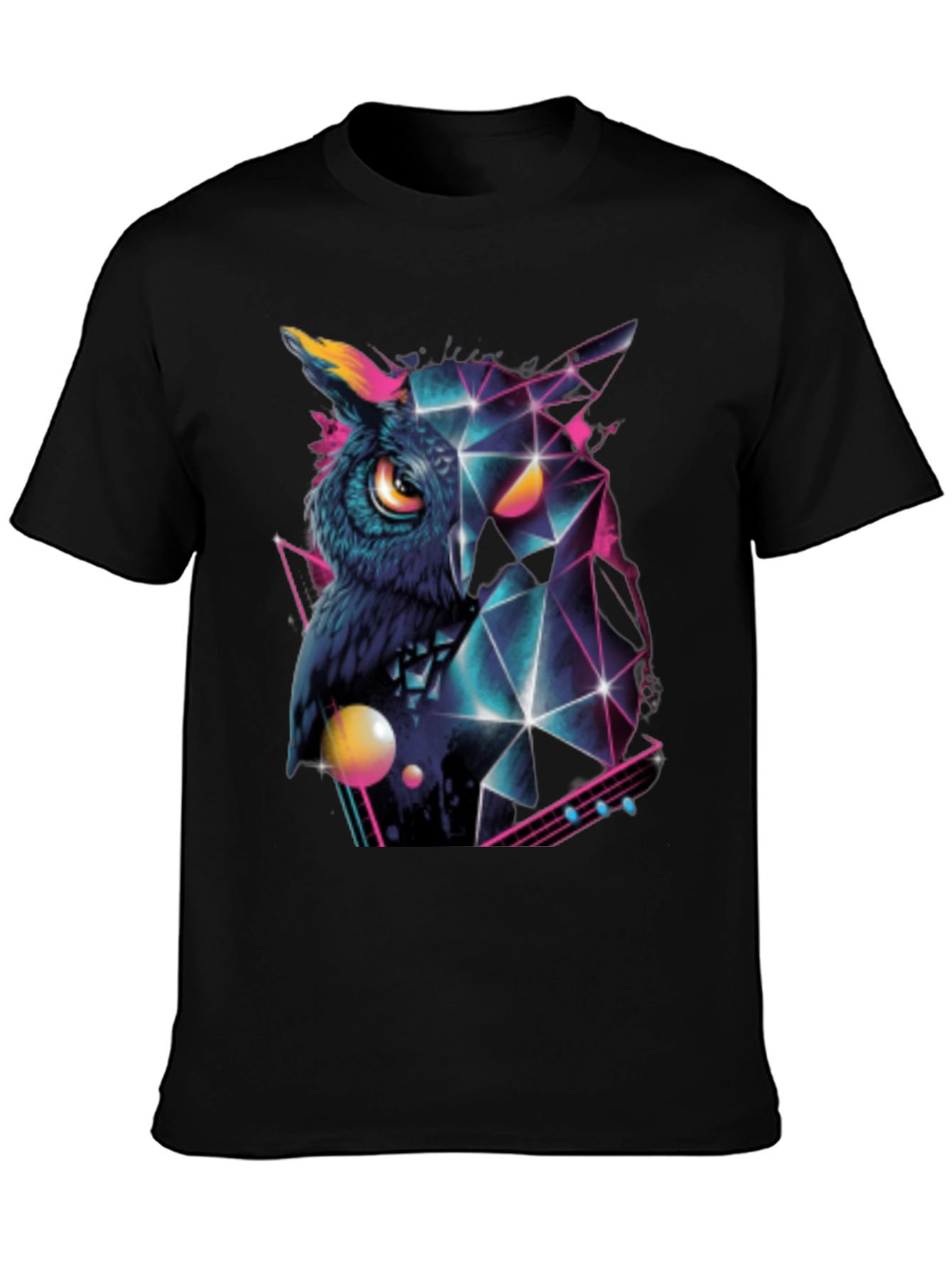 Geometric Owl Graphic Print Black T-Shirt