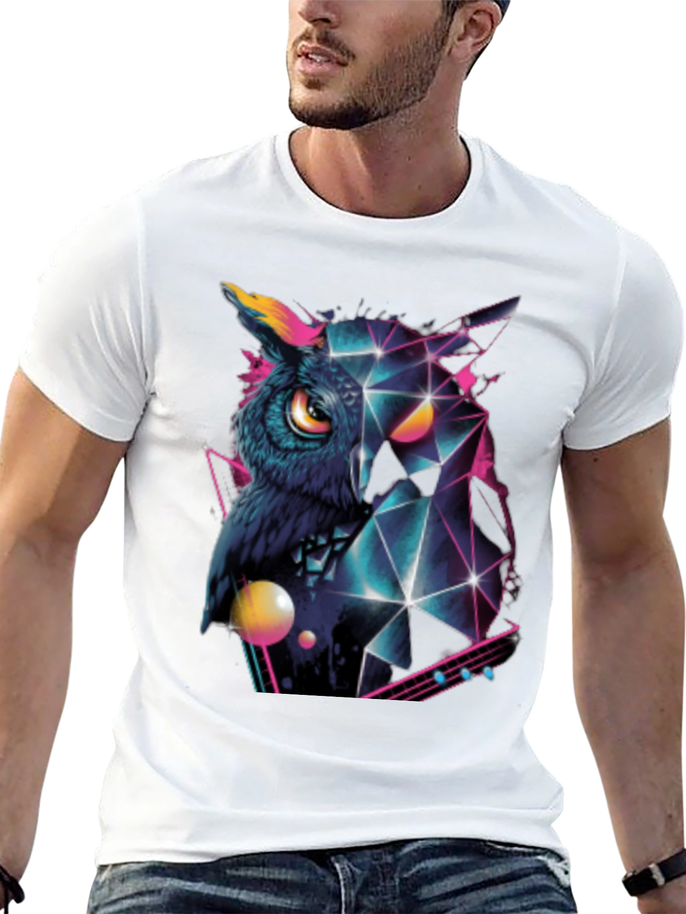 Geometric Owl Graphic Print Black T-Shirt
