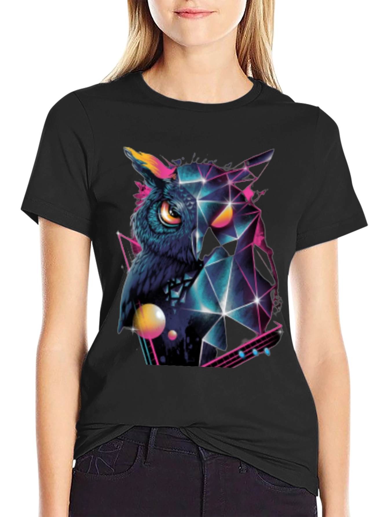 Geometric Owl Graphic Print Black T-Shirt