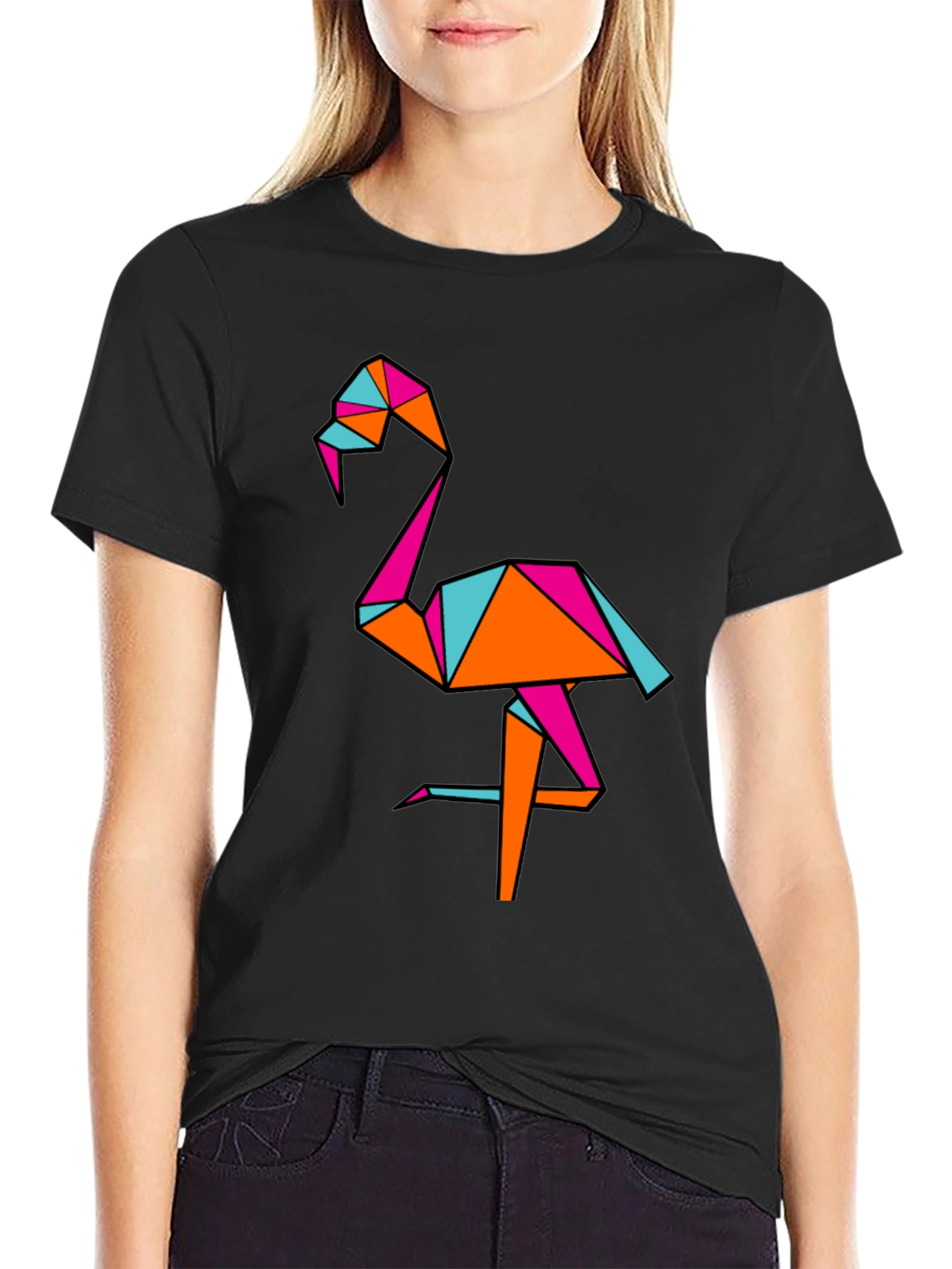 Geometric Flamingo Black T-Shirt