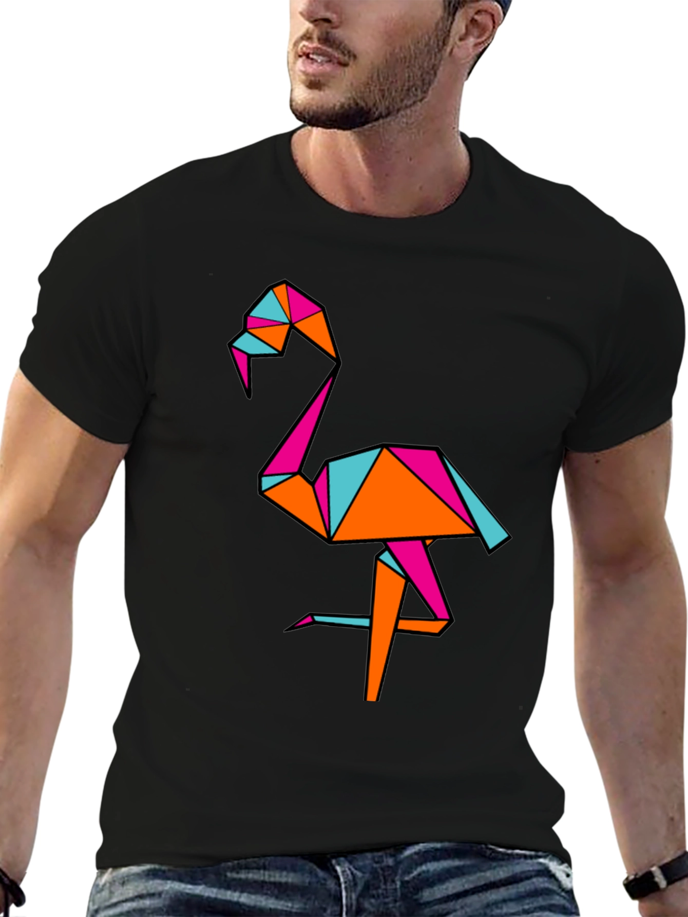 Geometric Flamingo Black T-Shirt