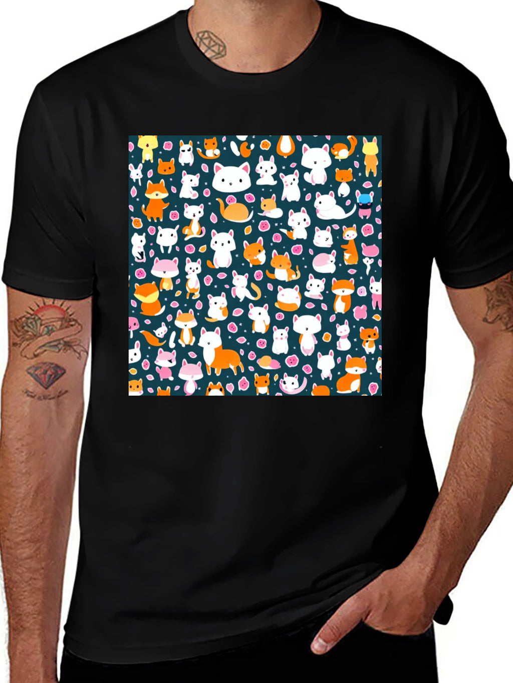 Animal Print T-Shirt - Cute Cats & Foxes