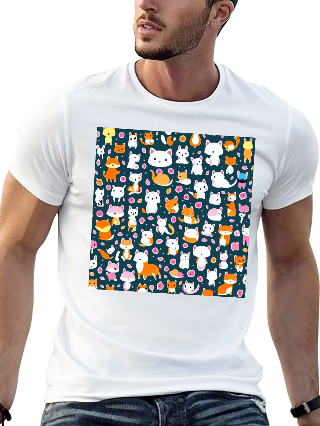 Animal Print T-Shirt - Cute Cats & Foxes
