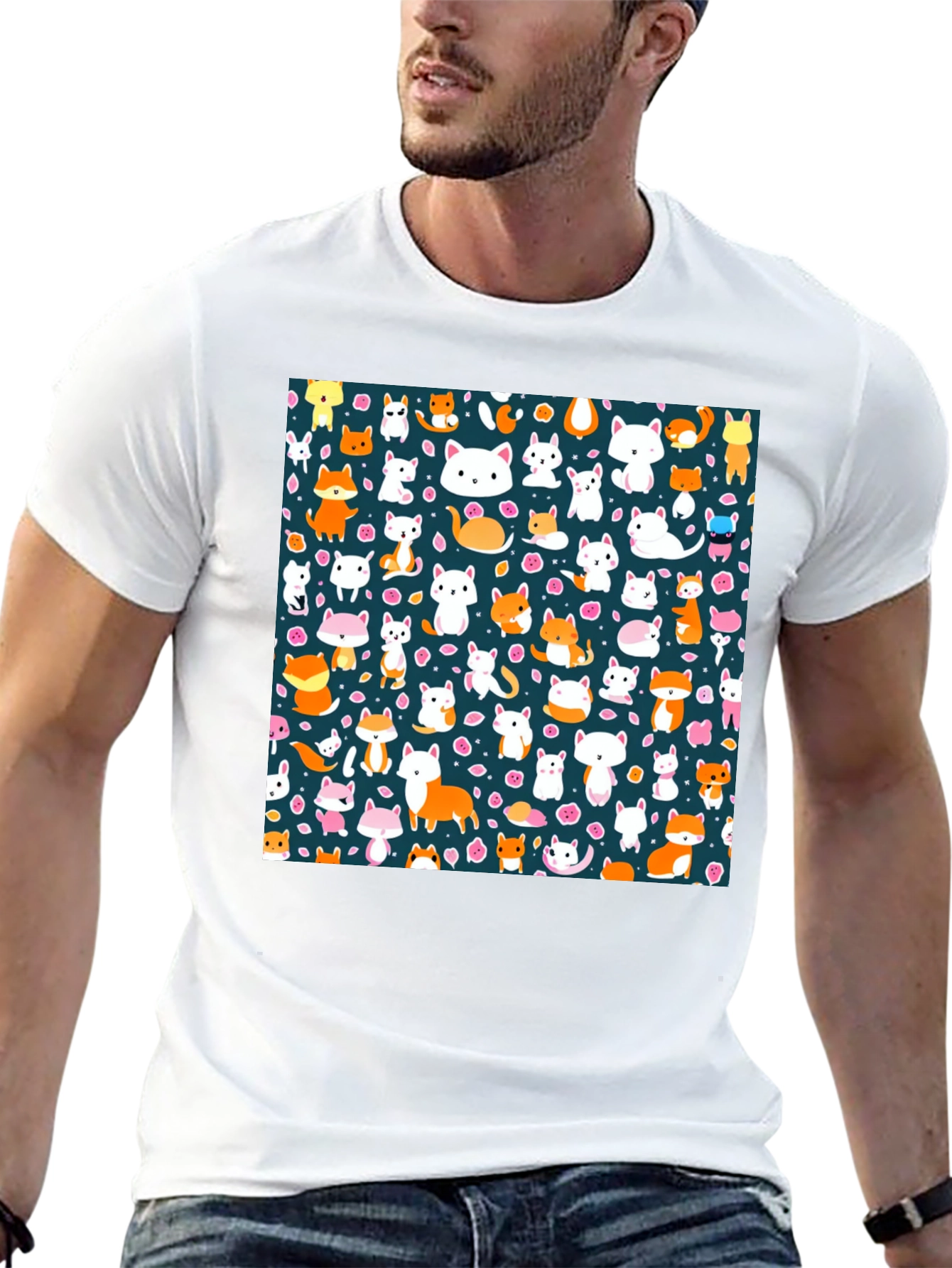 Animal Print T-Shirt - Cute Cats & Foxes