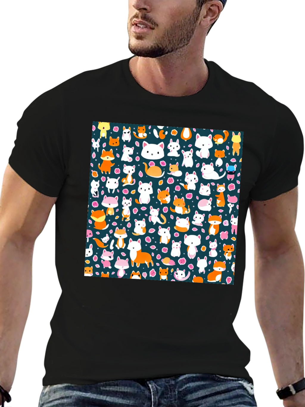 Animal Print T-Shirt - Cute Cats & Foxes
