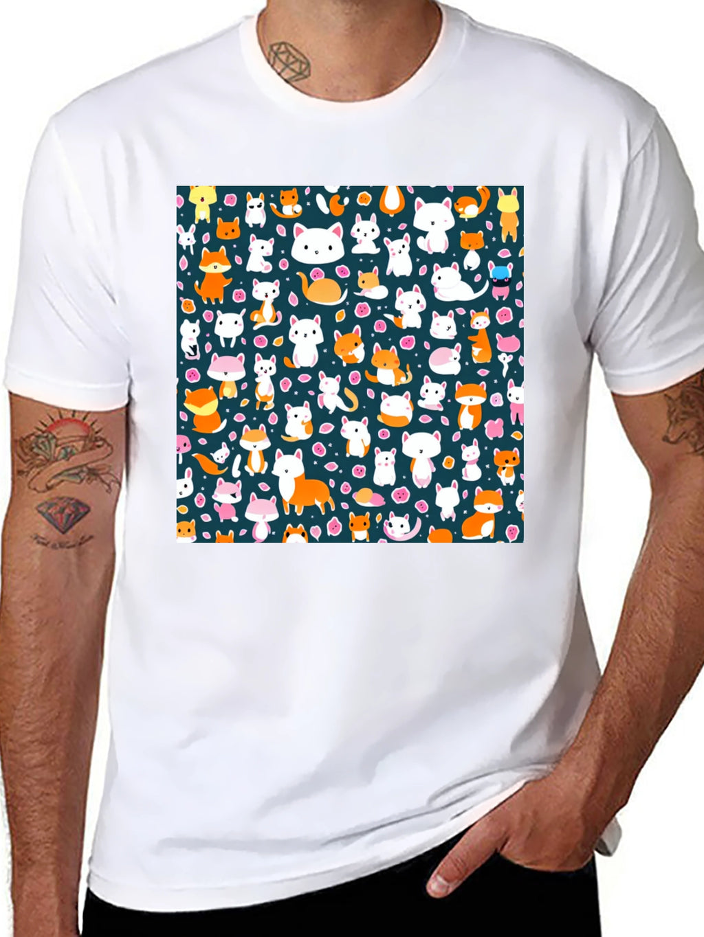 Animal Print T-Shirt - Cute Cats & Foxes