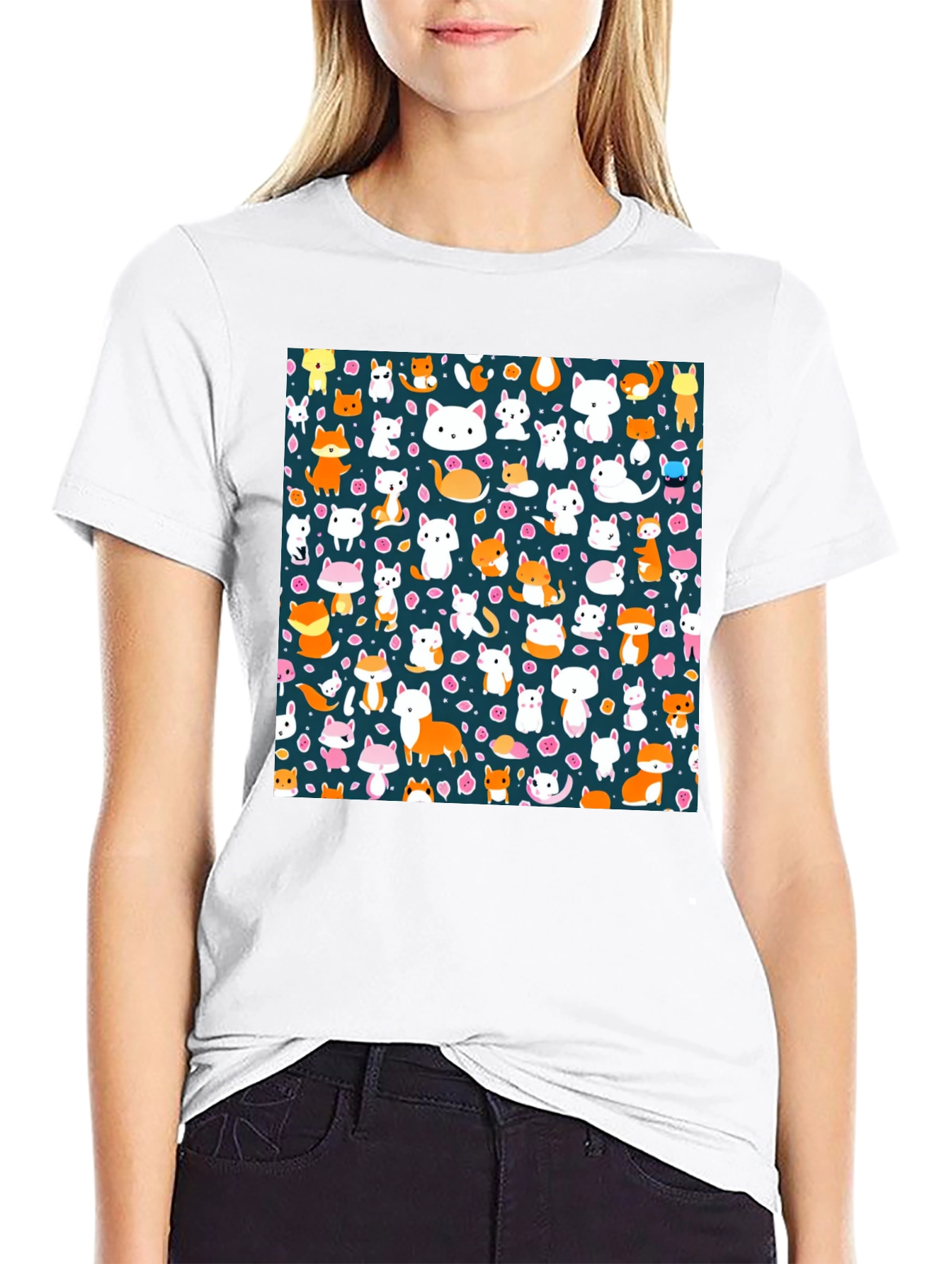 Animal Print T-Shirt - Cute Cats & Foxes