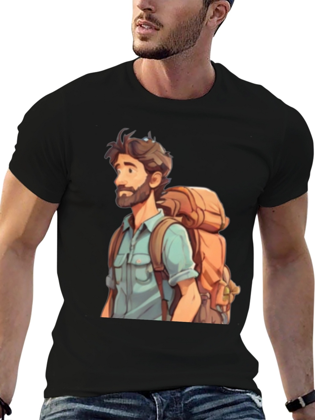 Cartoon Hiker T-Shirt - Black Cotton Blend Tee