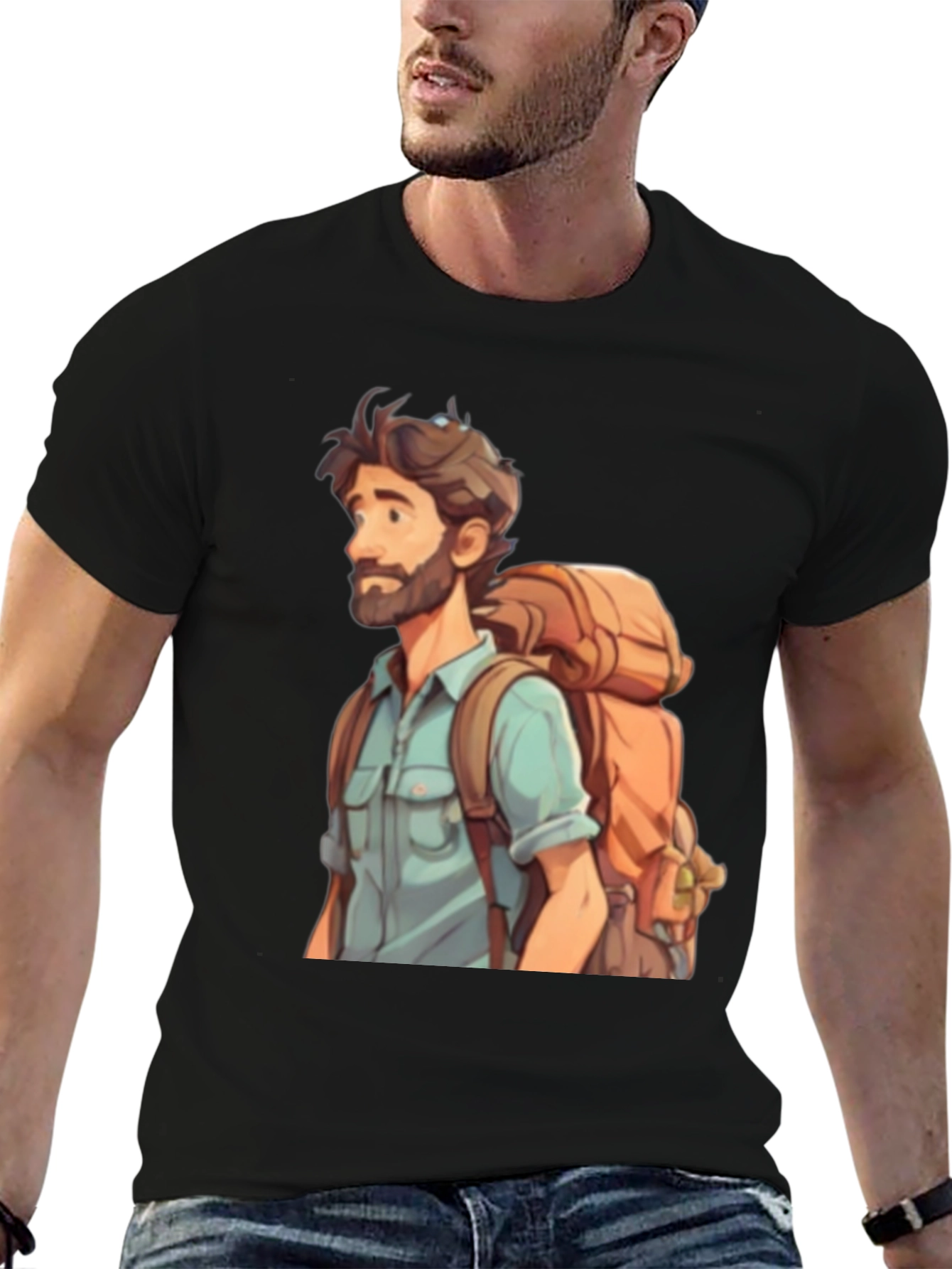 Cartoon Hiker T-Shirt - Black Cotton Blend Tee