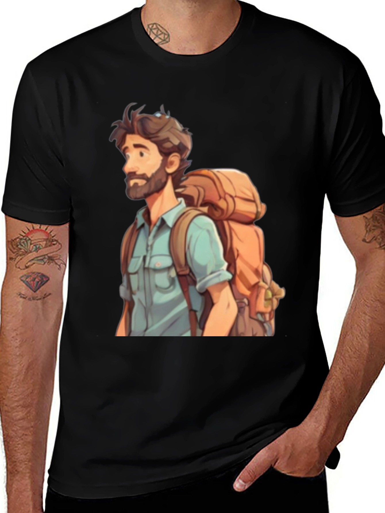 Cartoon Hiker T-Shirt - Black Cotton Blend Tee